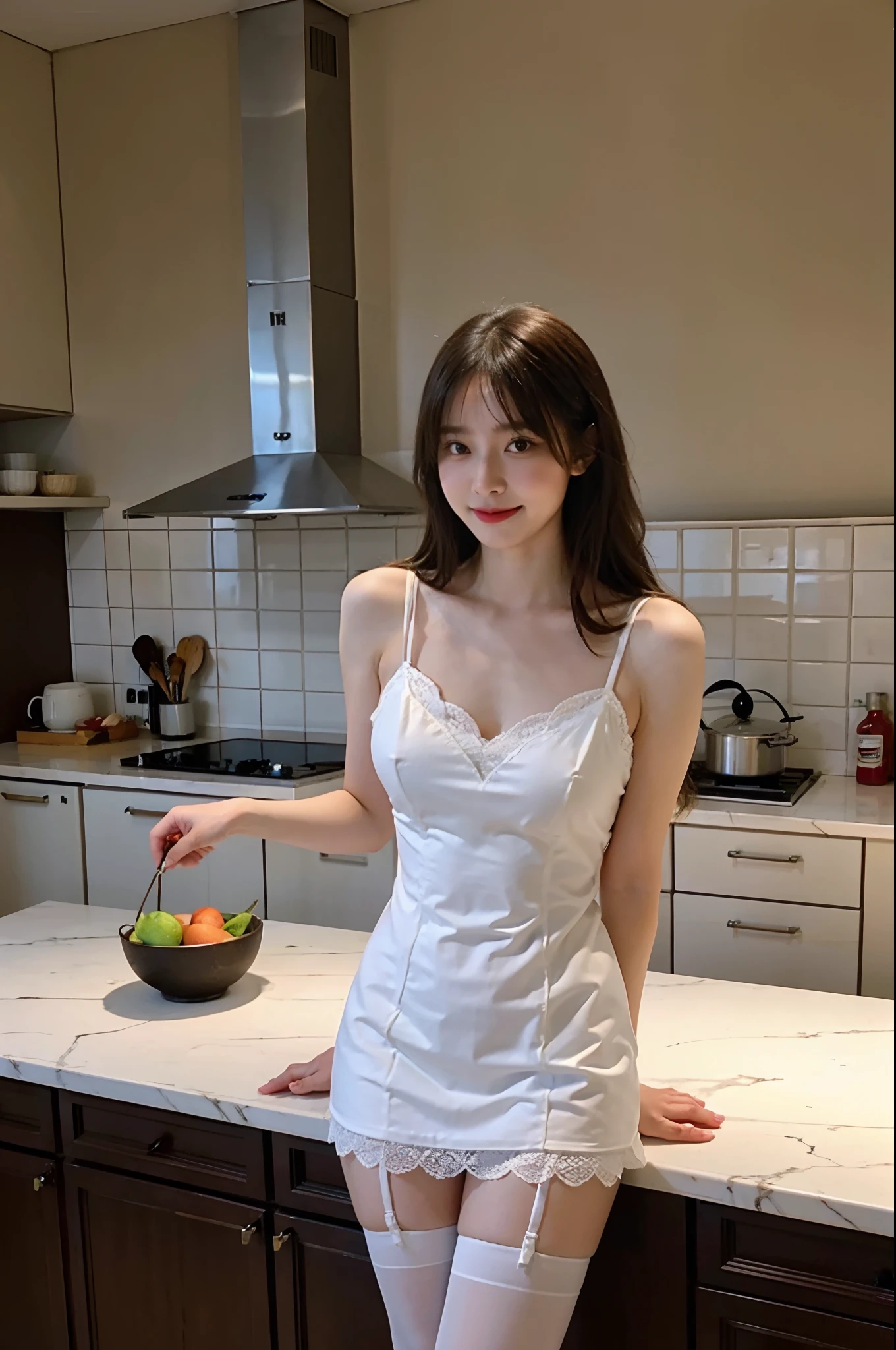 Woman who cooks、nice hand、4K、A high resolution、tmasterpiece、top-quality、wear cap:1.3、((hasselblad photograph))、Fine skin、foco nítido、(lighting like a movie)、Soft lighting、dynamic ungle、[:(详细的脸:1.2):0.2]、Bigchest(((In the kitchen))) grin　Viewer's perspective　Colossal tits　Long hair shawl　Sleeveless　Stretch your upper arms　Stretch your shoulders　cleanness　big kitchen　Beautiful kitchen　Wine glasses，Lace，Girls White stockings，Raised sexy，Seductive eyes，full bodyesbian，gossamer，lace edge，stocklings，white stockings，Stockings，long leges，Lingerie transparent，Sexy lingerie，Lace lingerie big breasts，Melon seed face，Plump breasts，Sexy figure，the maid outfit，All body
