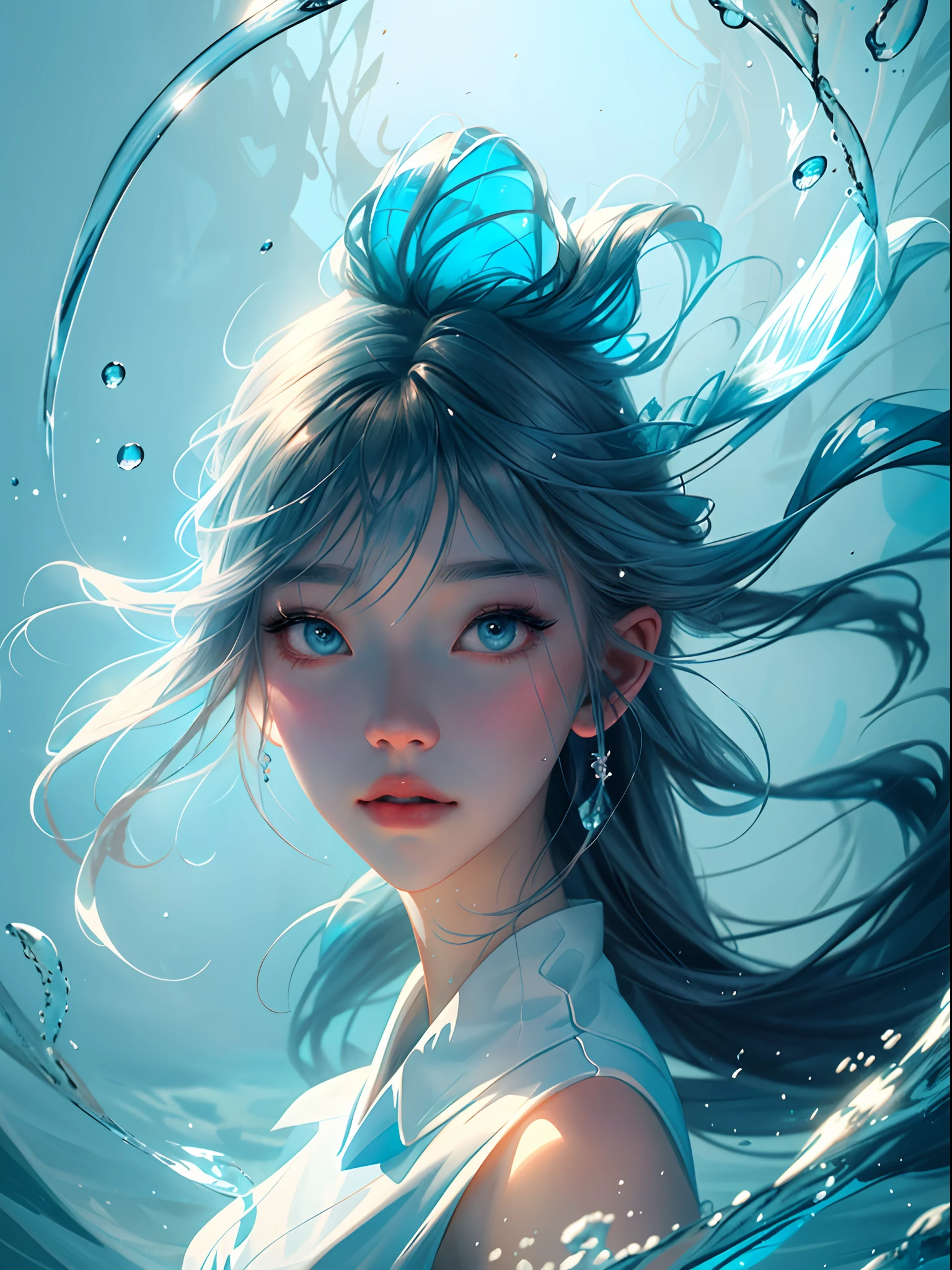 a close up of a woman in a white dress under water, wallpaper anime blue water, artwork in the style of guweiz, closeup fantasy with water magic, by Yang J, guweiz, a beautiful artwork illustration, water fairy, beautiful digital artwork, beautiful digital illustration, by Li Song, in the art style of bowater, beautiful anime portrait