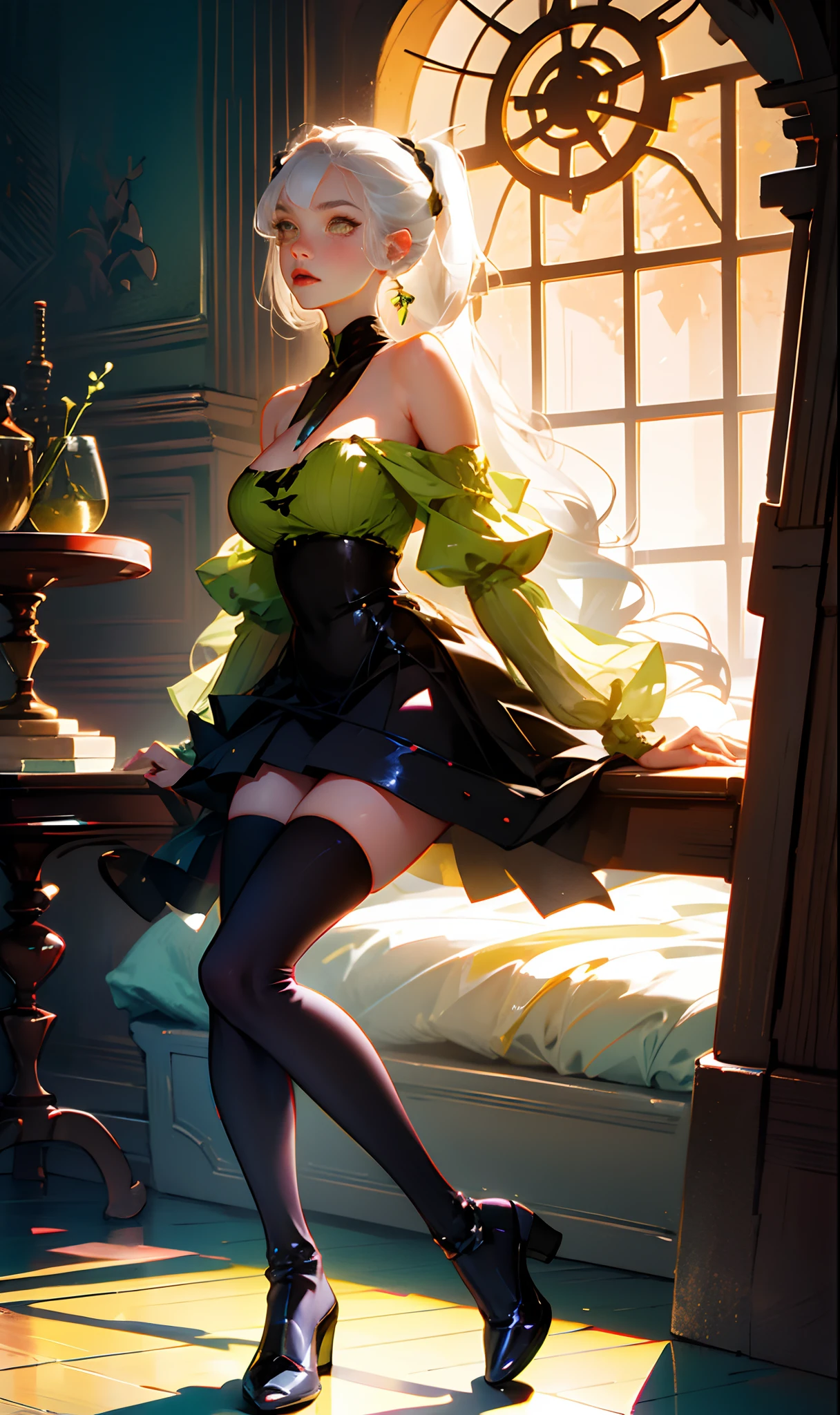 girl, hair over shoulder, white hair, yellow eyes, large breasts, bare_shoulders, black thighhighs, shoes ,
