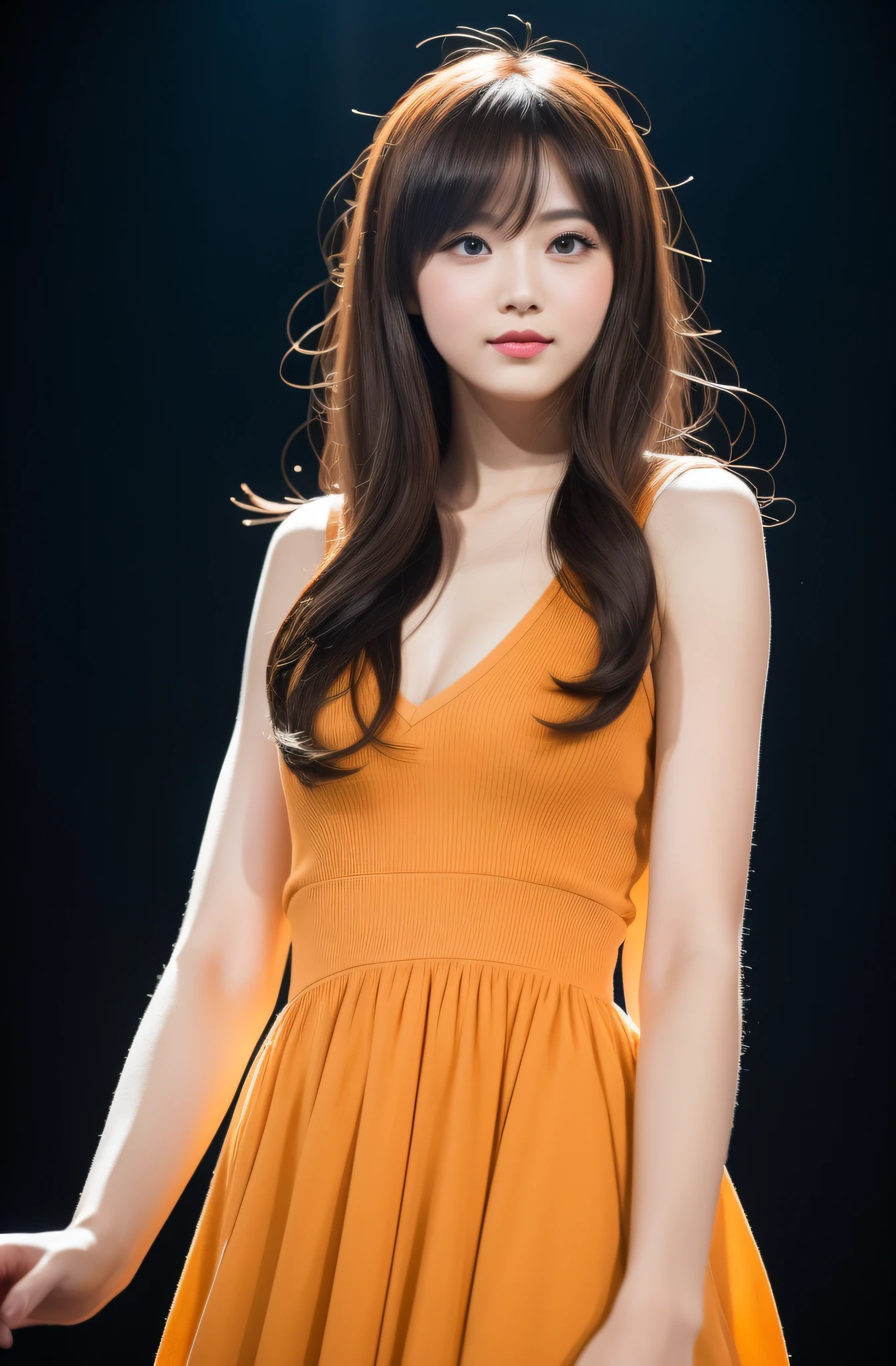 Live performance venue、livestream、a perf、concert、microphone、Bright lighting、stage、Create ultra-realistic images that bring Maki Goto to life "Morning Musume". Emphasize her tall frame, Her bright orange long hair, And her undeniable charm. The portrayal should blend both her beauty and her adorable aura. Medium: ultra hi definition photo. Style: Portraits of modern idols infused with hints of vintage glamour. Lighting: natural, Golden hour lighting that gives her skin a soft glow. Colors: A palette dominated by orange and complementary pastel shades. Composition: Capture with Nikon D850, Nikkor 85mm f/1.4 lens, Resolution 45.7 megapixels, ..ISO: 64, Shutter Speed: 1/200 second, Focus on mid-shot compositions to showcase her outfits and personas. --ar 16:9 - V5.1 --Style raw --Q 2 --S 750