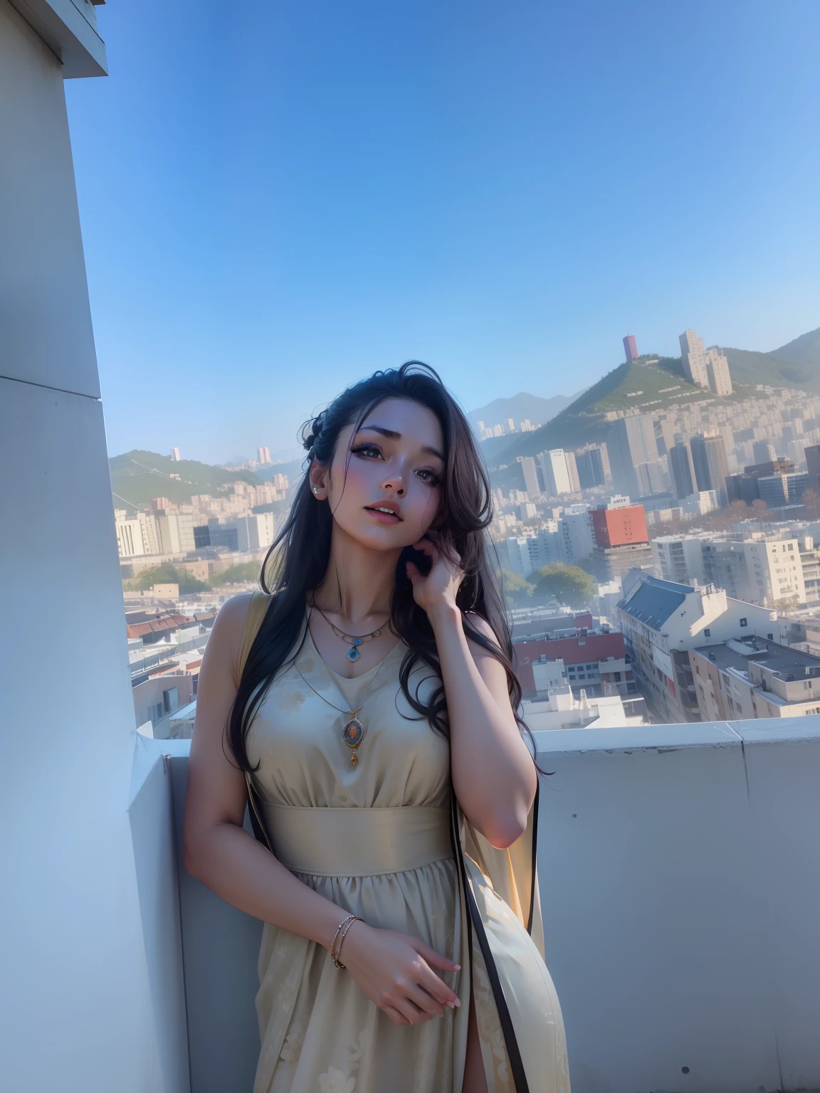 best quality, masterpiece, highres, 1girl,china dress,hair ornament,necklace, jewelry,Beautiful face,upon_body, tyndall effect,photorealistic, dark studio, rim lighting, two tone lighting,(high detailed skin:1.2), 8k uhd, dslr, soft lighting, high quality, volumetric lighting, candid, Photograph, high resolution, 4k, 8k, Bokeh, .Jinstyle, building