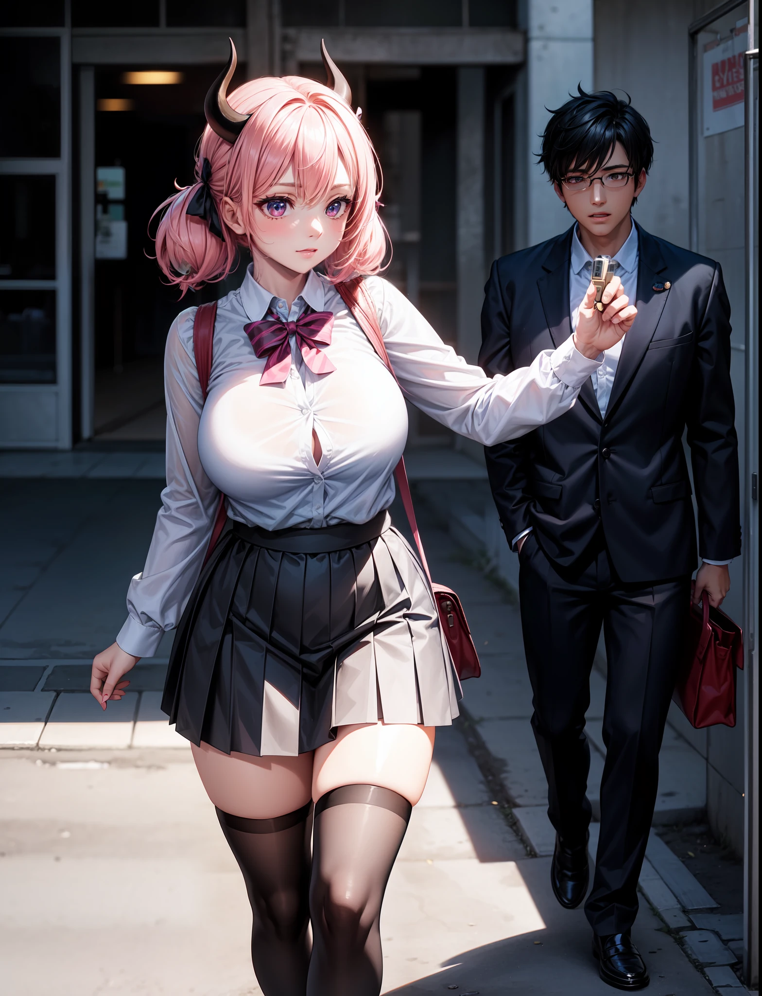 4k,  ,Lens flare, pink hair ,mascara, eyeliner, god rays, 4k, 8k, best quality, masterpiece, hyper detailed, intricate detail, 1boy, 1 girl,  detailed, Detailed fuchsia hair ++, detailed pink eyes ++,  raytracing, perfect shadow, highres, enhanced eyes,  huge breasts, horns, seductive,  hyper detailed, Dressed in a pleated skirt, a button-up blouse, and knee-high socks, your anime girl exudes a scholarly yet fashionable aura. A cardigan and loafers add a touch of sophistication. Your anime girl adds large ribbon bows at the base of each twin tail. This style is both adorable and attention-grabbing, highlighting her playful nature. She is tutoring another school boy, 1 boy, dressed in school attire, he is being tutored