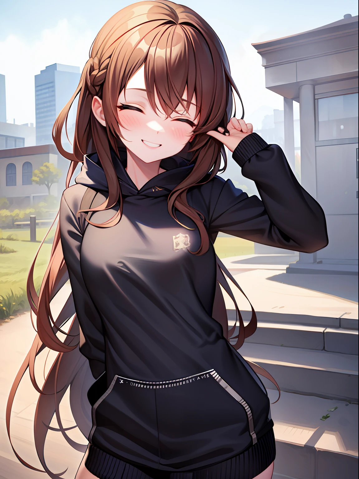 （（tmasterpiece））， （best qualtiy）， 1girll， hoody， brown  hair， long whitr hair， ssmile， Hands behind your back， closing her eyes， adolable， township