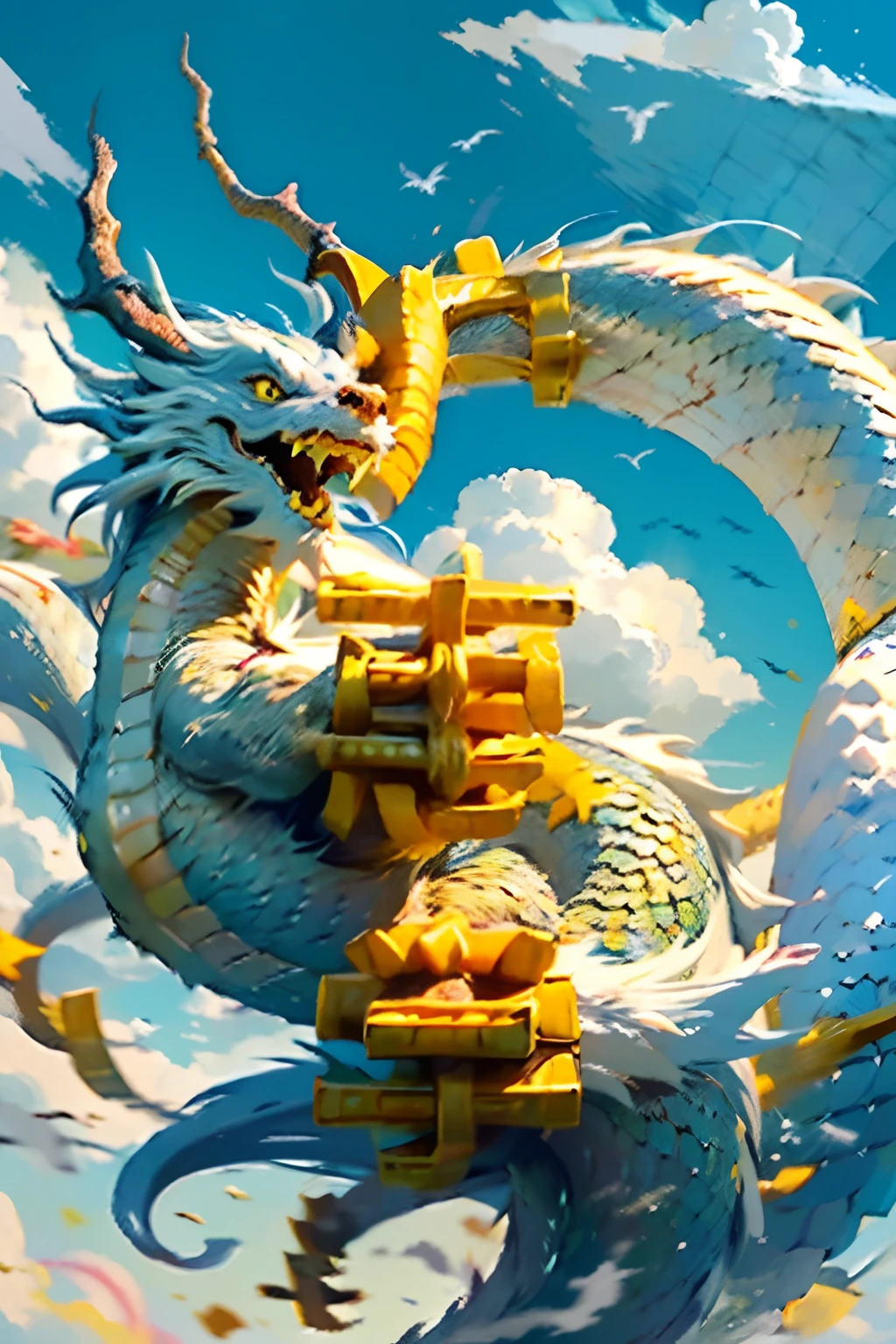 Best quality,masterpiece,ultra high res,nu no humans, (long:1.2),sky, yellow eyes, cloud, scales, eastern dragon, open mouth, sharp teeth, flying, horns, teeth, day, claws, fangs, blue sky