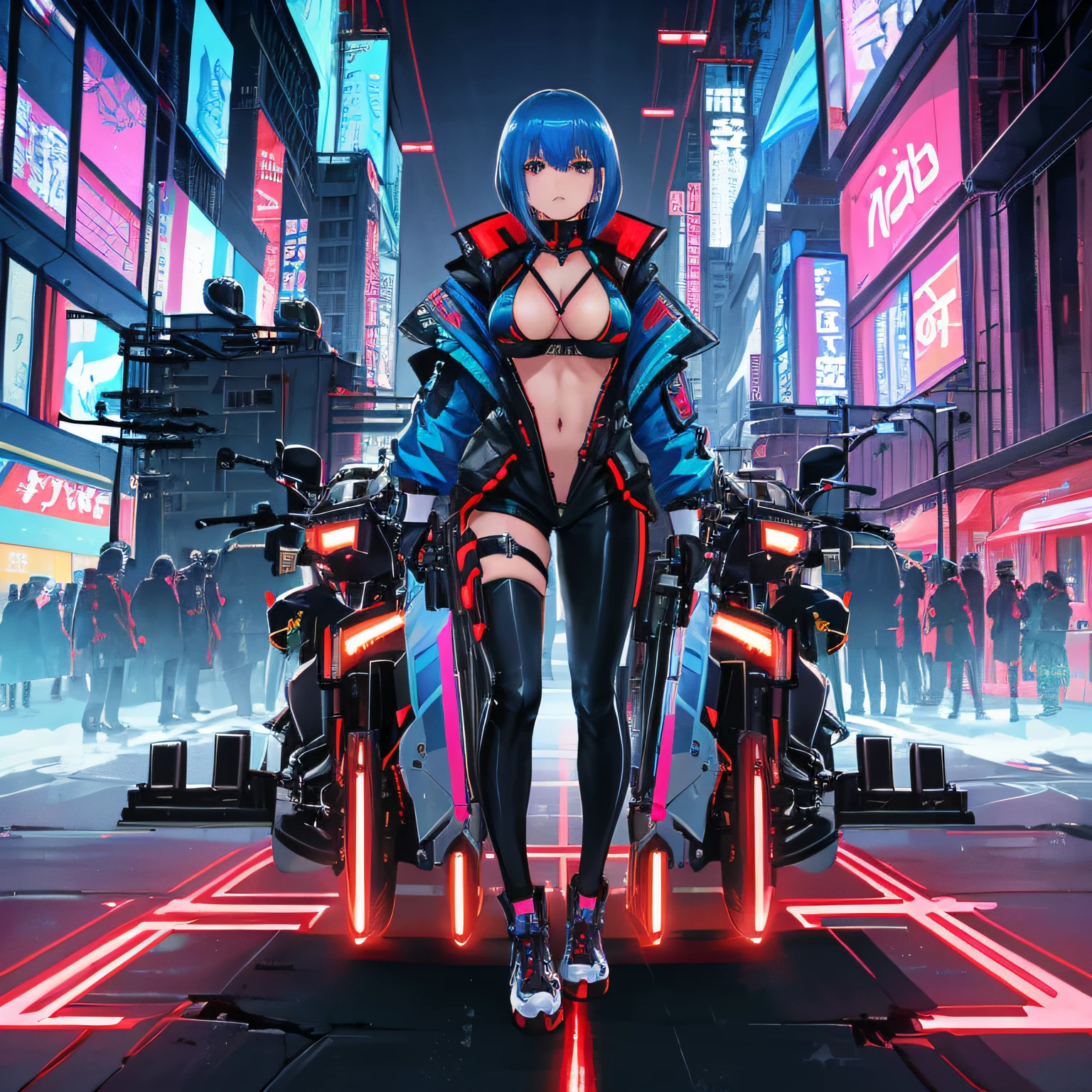 nffsw(HighDynamicRange),Ray traching,PBR Texturing,Anisotropy Filtering,depth of fields、tits out、Cyborg Woman, machinery suit、独奏, Neon light, cyberpunked、Cyberpunk、Beautiful、cleavage of the breast、Top image quality、Erotic Woman、Muscle exposure、Katyusha、rocket launcher、big weapon、profile、sideways Facing、Hair in the wind、Blue Hair Bob、Blue hair、full body Esbian、９Head and body、Raw feet、long legged、The tattoo、tribal