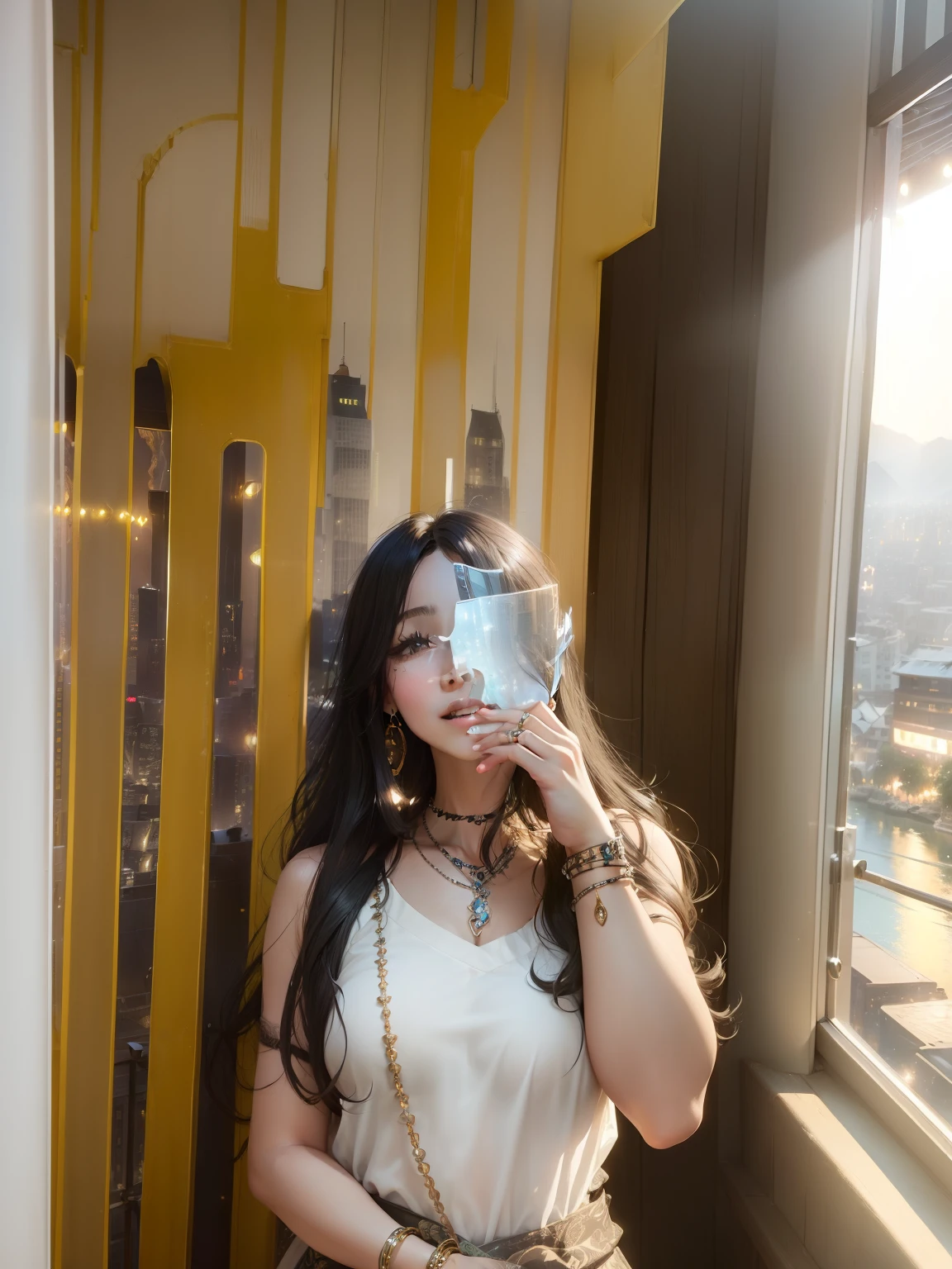 night,(night:1.8),(city lights:1.9),(black theme,),in summer,onsen,(nature:1.9),1girl,full body,black hair,very long hair,grin,sexy, dynamic angle,dynamic pose,outdoors,chinese style architecture,High color saturation,Color saturation,(jewelry:1.9),putting on jewelry, Warm light,Warm light, ray tracing,cinematic lighting,(raw photo:1.2), (photorealistic:1.4), absurdres, incredibly, huge filesize , ultra-detailed, highres, extremely detailed,best quality ,masterpiece, illustration, an extremely delicate and beautiful, extremely detailed ,CG ,unity ,8k wallpaper, Amazing, finely detail, masterpiece,best quality, pureerosface_v1,ulzzang-6500-v1.1,