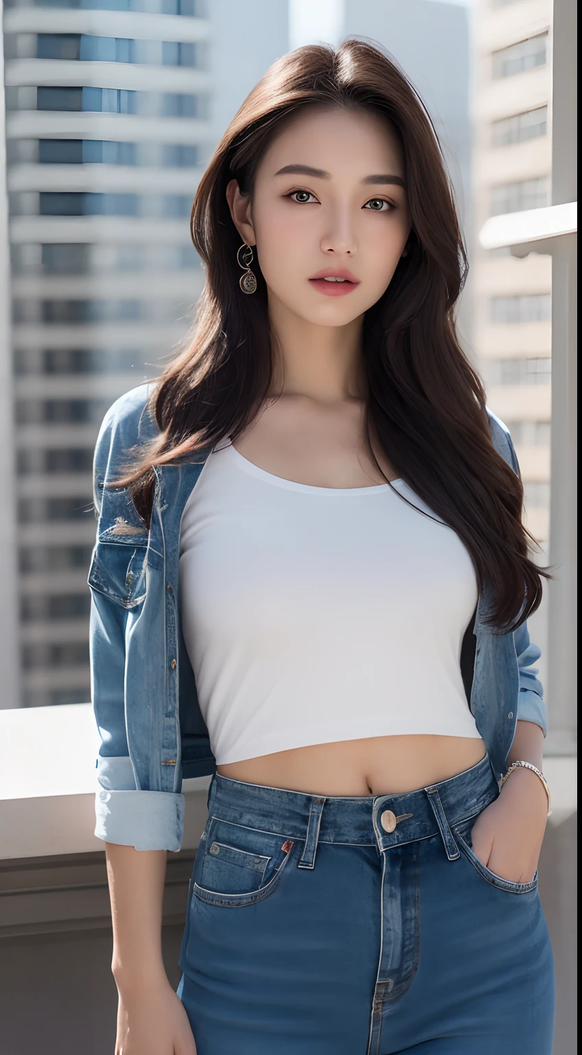 ((midynight, Need, 8K, tmasterpiece)), Whole body curve, Long legs, Close-up photography, perfect figure beautiful woman, Slim abs, long and dark brown hair, Plump breasts, white tight t-shirt, denim pant, Standing posture, Building roof background, Highly detailed facial and skin texture, Detailed eyes and double eyelids。
