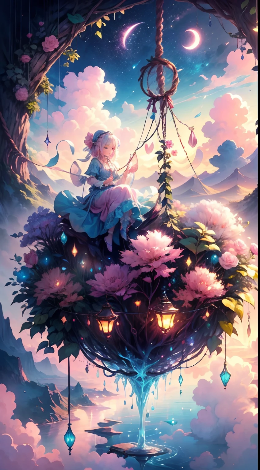 Create a mesmerizing scene where a woman is rests from a rope of ornate, lush, detailed flowers, delicately suspended with ornate ropes of extremely detailed flowers. The woman is in a mythic realm of dreams. Include floating islands and intricate watercolor skies. The woman's face exudes a sense of peace and happiness as she hangs weightlessly in the air. She is dwarfed by her interesting environment. The environment is filled with fluffy clouds, waterfalls cascading from the floating islands, and a vibrant, surreal environment with beautiful shades of pink, purple, and blue. The atmosphere is filled with a sense of wonder and tranquility. ((Include many shades of pink in the artwork's details and background.)) This scene will be depicted in an anime-style illustration, with soft lines, pastel colors, and a whimsical touch. The artwork will capture the ethereal beauty and tranquility of the dreamlike realm, creating a sense of harmony and escape from the ordinary world.