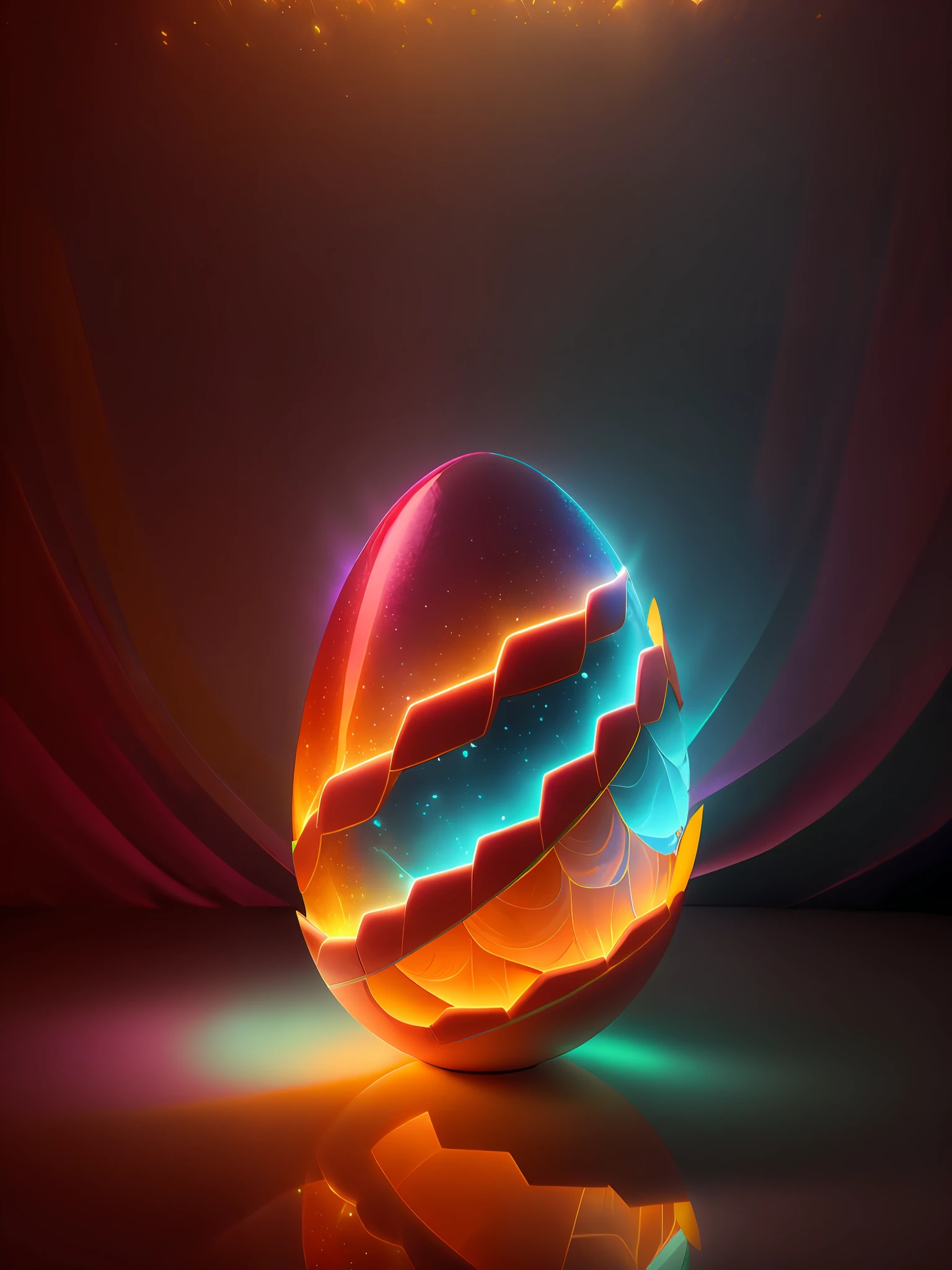 Efecto Shatter en After Effects,,Intricately opaque 3D soft broken shell egg carved from shiny ivory in a dimly lit room, con una luz rosa muy suave que emana de debajo del huevo, zarcillos de vid en espiral brillantes de color naranja rosado que abarcan el huevo amorosamente como si estuviera vivo, fotorrealista, detallado, realista, alta calidad, Background thunderstorms, detallado, realista, 8k UHD, high quality Magic, fantasy, yellow, blue and red,  PALETA DE ORO, flores