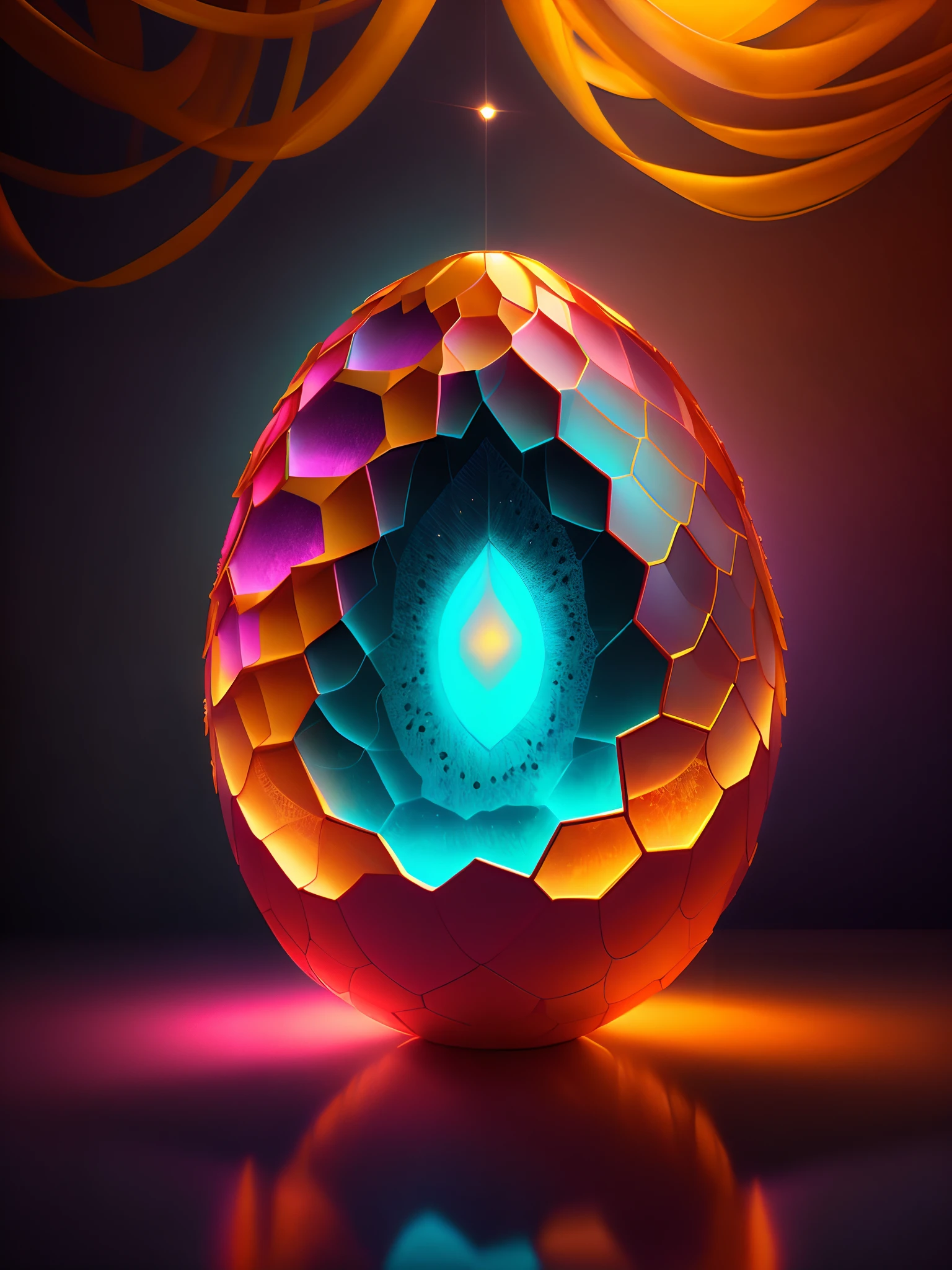 Efecto Shatter en After Effects,,Intricately opaque 3D soft broken shell egg carved from shiny ivory in a dimly lit room, con una luz rosa muy suave que emana de debajo del huevo, zarcillos de vid en espiral brillantes de color naranja rosado que abarcan el huevo amorosamente como si estuviera vivo, fotorrealista, detallado, realista, alta calidad, Background thunderstorms, detallado, realista, 8k UHD, high quality Magic, fantasy, yellow, blue and red,  PALETA DE ORO, flores