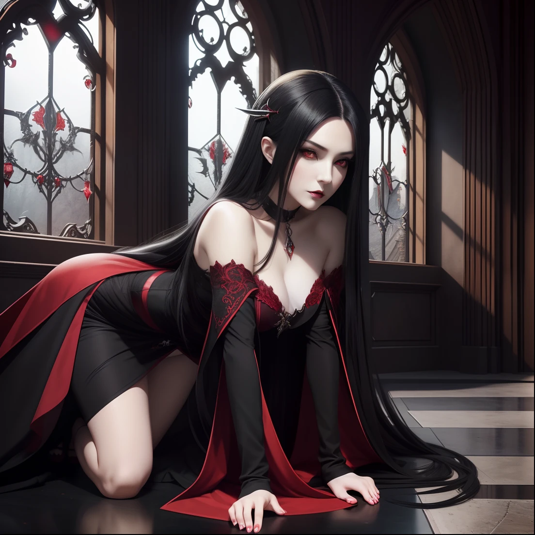 Beautiful ephemeral adult woman with long black hair and red eyes standing in front of castle, Red lines on white dress, Standard Body、Gothic Otome Anime Woman, beautiful vampire queen, dark fantasy style art, beautiful vampire female queen, 8 K, Vampire Queen, female vampire, female vampire warrior, beautiful alluring anime woman, dark fantasy style, anime fantasy artwork