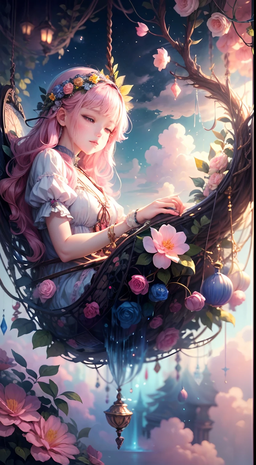Create a mesmerizing scene where a woman is rests from a rope of ornate, lush, detailed flowers, delicately suspended with ornate ropes of extremely detailed flowers. The woman is in a mythic realm of dreams. Include floating islands and intricate watercolor skies. The woman's face exudes a sense of peace and happiness as she hangs weightlessly in the air. She is dwarfed by her interesting environment. The environment is filled with fluffy clouds, waterfalls cascading from the floating islands, and a vibrant, surreal environment with beautiful shades of pink, purple, and blue. The atmosphere is filled with a sense of wonder and tranquility. ((Include many shades of pink in the artwork's details and background.)) This scene will be depicted in an anime-style illustration, with soft lines, pastel colors, and a whimsical touch. The artwork will capture the ethereal beauty and tranquility of the dreamlike realm, creating a sense of harmony and escape from the ordinary world.