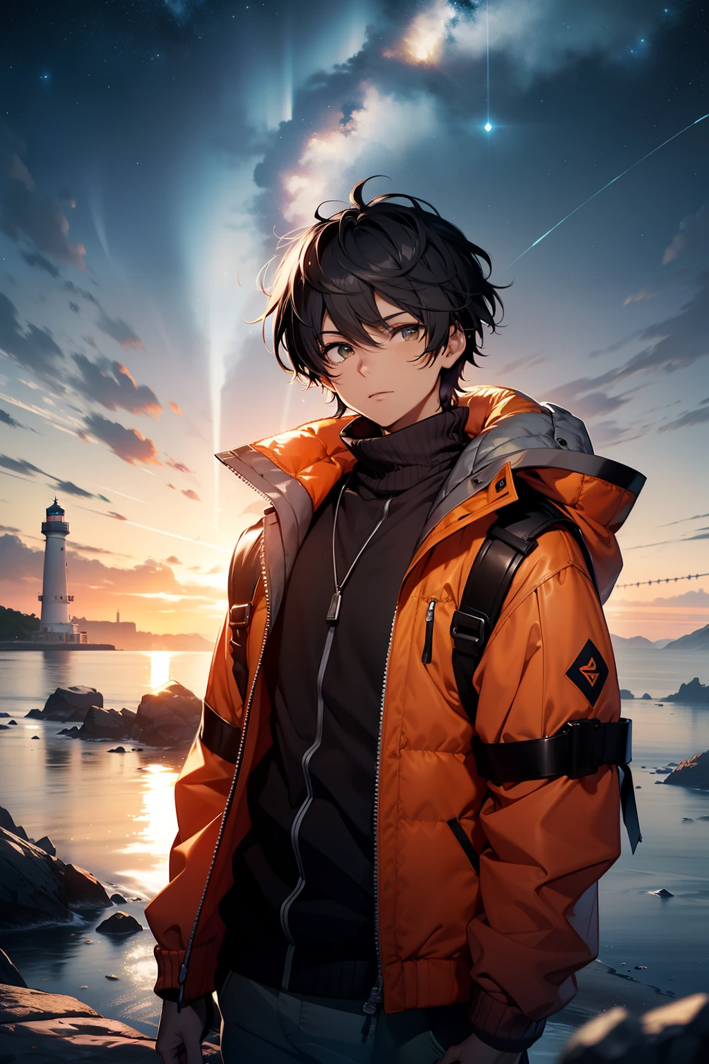 (Articulate unique characteristics vividly) A young boy with a tousled mop of black hair, donning a vibrant green bonnet, is dressed in a cozy gray sweater.  and wearing one orange life jacket, He stands on a remote island illuminated by a distant lighthouse, as the cold night air wraps around him. A mesmerizing starry sky fills the backdrop, creating a breathtaking vista. The scene is captured in stunning 4k resolution.