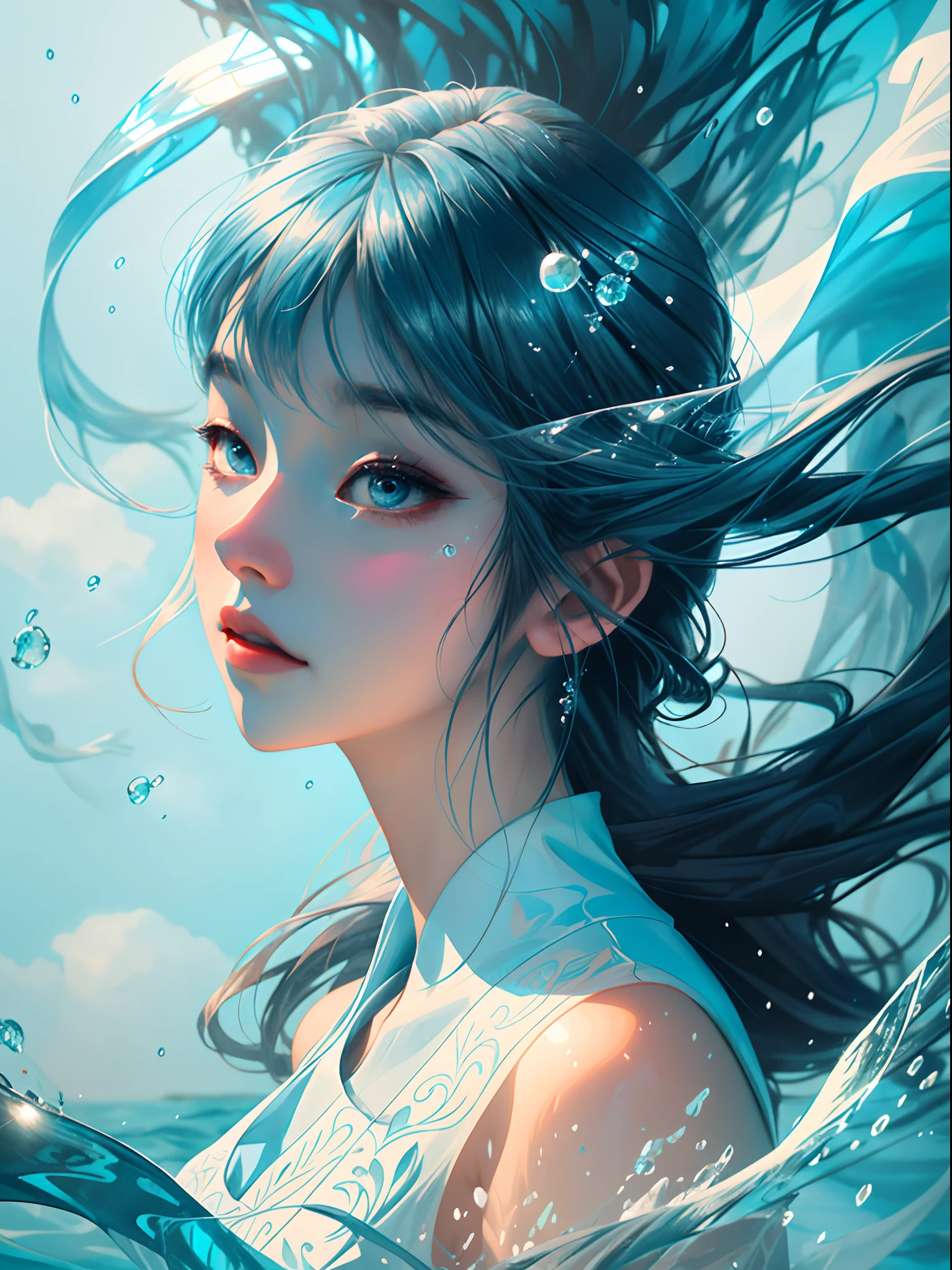 a close up of a woman in a white dress under water, wallpaper anime blue water, artwork in the style of guweiz, closeup fantasy with water magic, by Yang J, guweiz, a beautiful artwork illustration, water fairy, beautiful digital artwork, beautiful digital illustration, by Li Song, in the art style of bowater, beautiful anime portrait