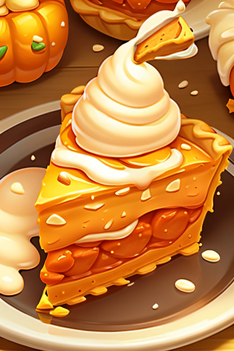 A slice of pumpkin pie，Orange，Full of appetite，Top with a lump of cream，Pumpkin chunk filling，Cartoon style