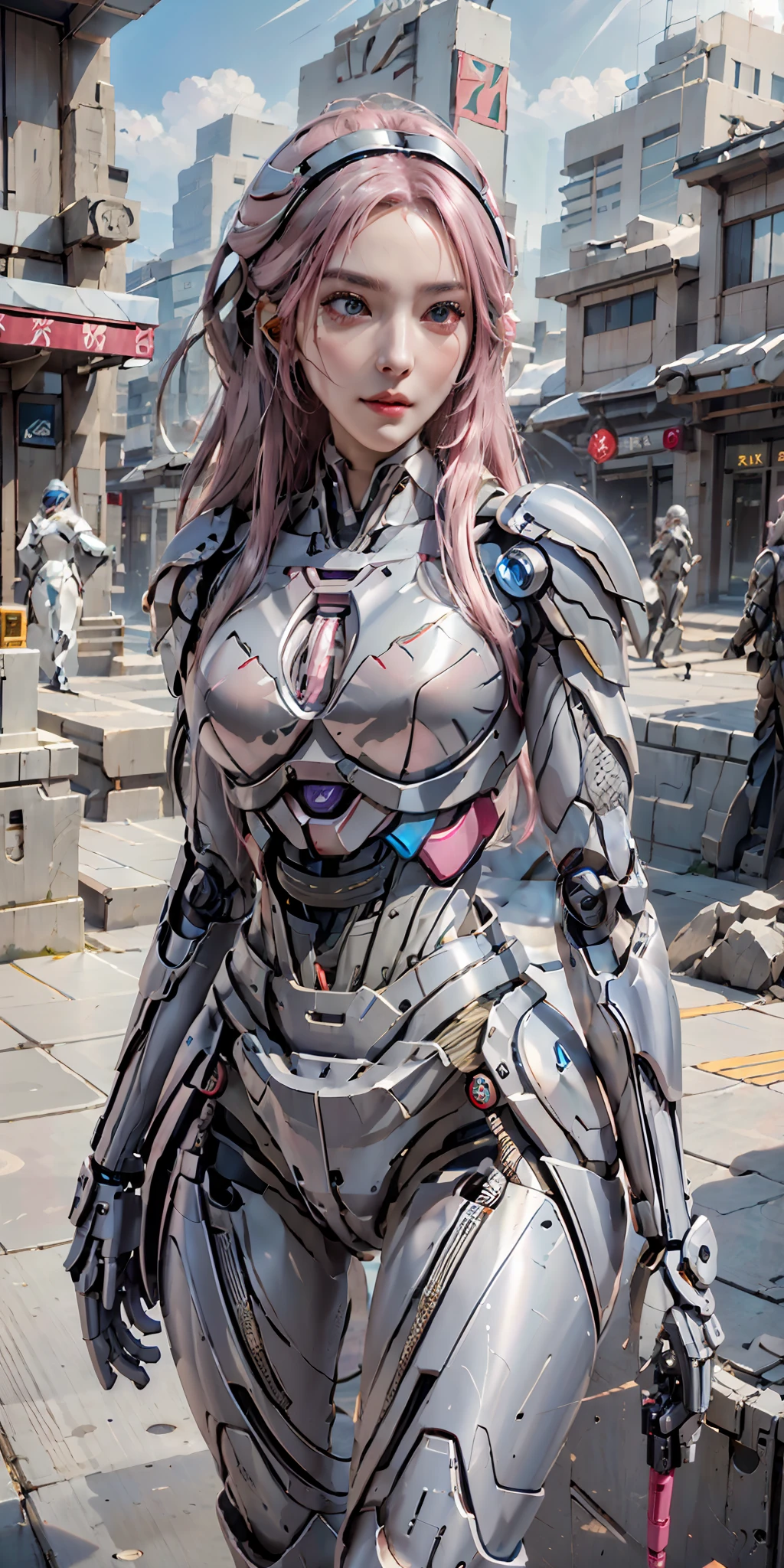 photorealistic, high resolution, soft light,1women, solo, hips up, (detailed face), pink hair, long hair, mecha musume, mechanical parts, robot joints, single mechanical arm, headgear, mechanical halo, star halo, electric mechanical bodysuit, mecha corset, kimono, full armor, city at night