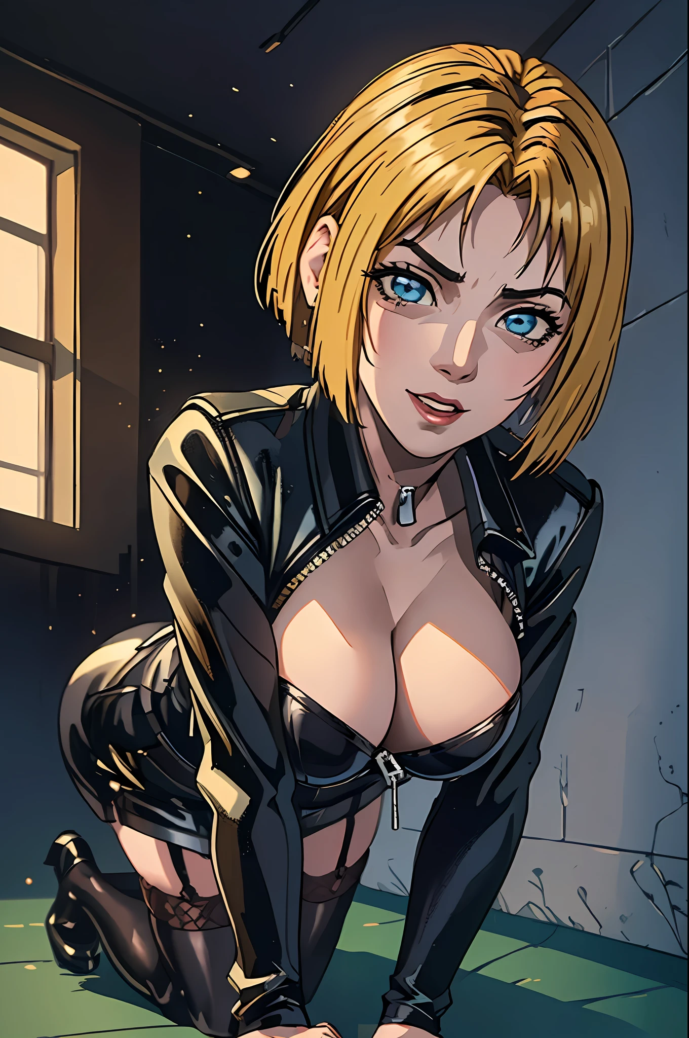 Bible black, Reika Kitami, short blond hair, dominant black leather corset with zipper, huge breasts, showing cleavage, stockings with garter belts, (pussy:1.4), (on all fours:1.4) (shot from below:1.2), thick thighs, thin waist, mischievous face, extremely detailed face and eyes, office background, absurdes, beautiful shadow and dim lighting