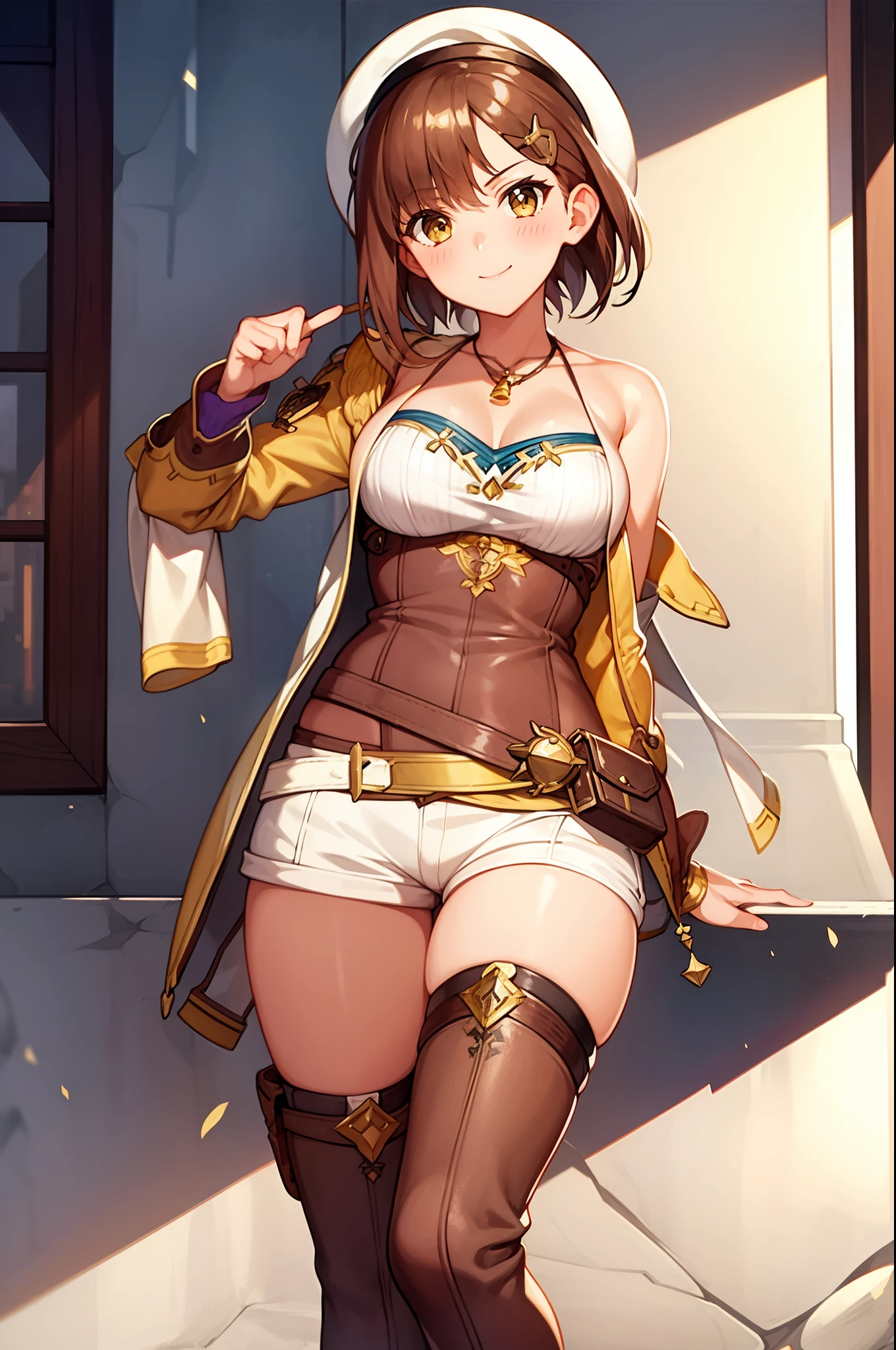 1 girl, ryza, atelier, alchemist, beret, short pants, over knee boots, right hand glove