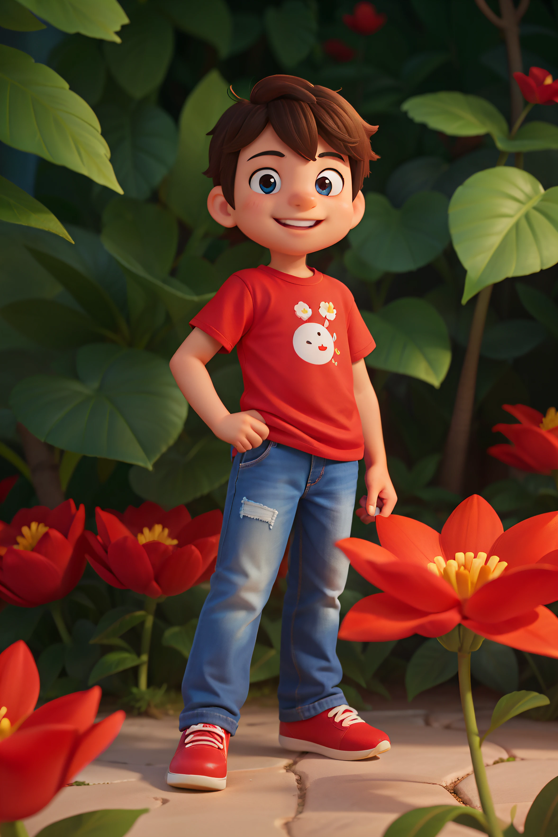 (Cartoon, melhor qualidade), um menino sorrindo de cabelo castanho curto, no jardim com gramado e flores, looking at a red flower with a glow between the petals.