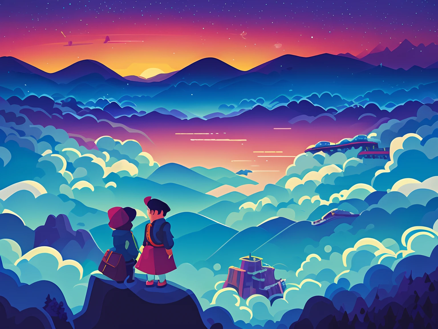 ((ln the forest、Mountains and starry sky with traveling shaped clouds)), space elevator, civilization, High - Tech Building, sci fi movie,
(High contrast), (vector artwork), 2D flash game, (clean color), (Clear boundaries), (Bright colors), (Morning or dusk sky),
(Explicit), (Extremely sharp focus), ((Masterpiece)), (Best quality), (extreme hight detail), fine art, Silhouette, Neat style,
(Kurzgesagt style), author:Kurtsg Zagert, (author:Hiroshi Yoshida), (author:Hasui Kawase), by Atey Ghailan, author:Ismail Inceoglu