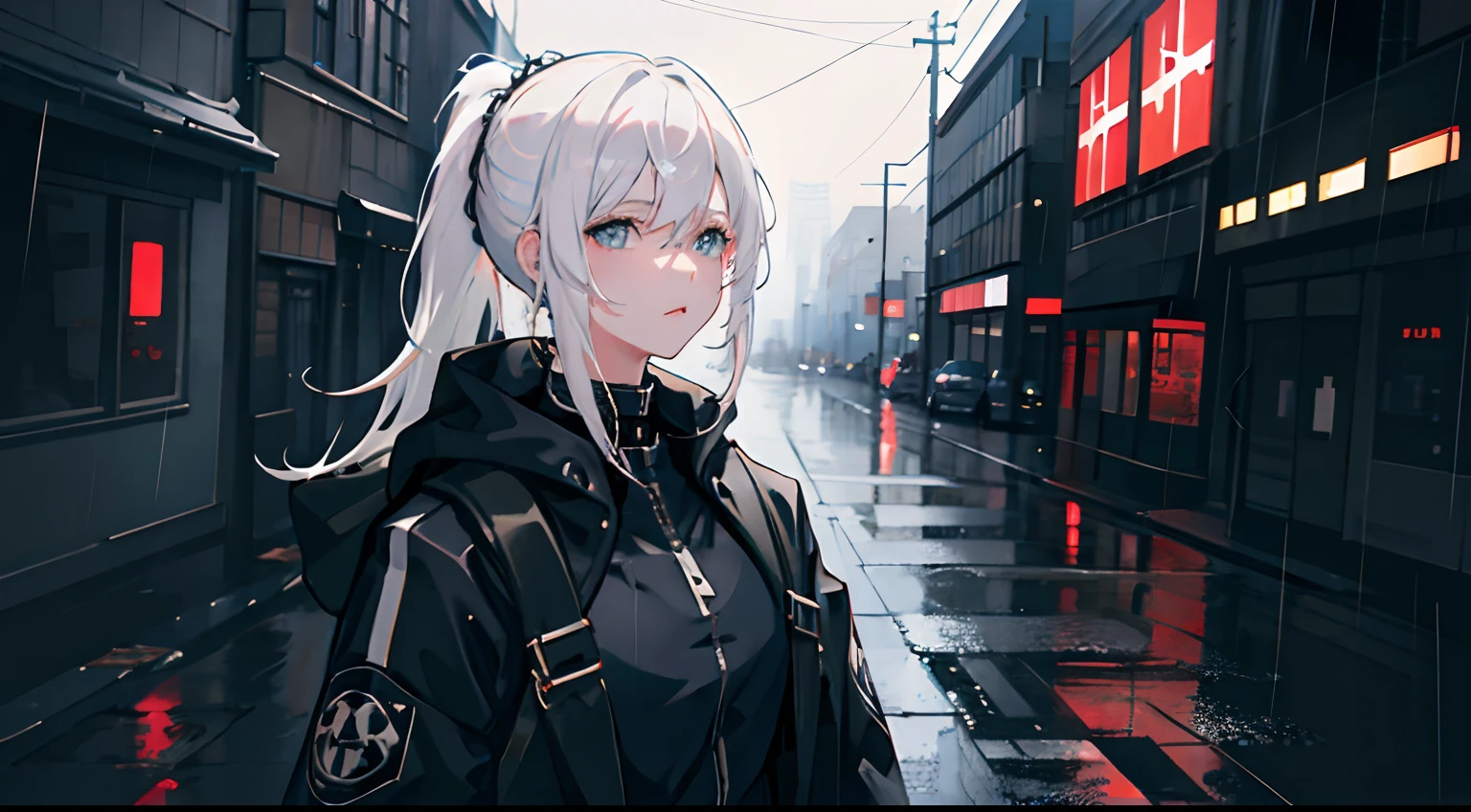 1girl, jacket, rain, outdoor, hoodie, open jacket, chain, backpack, looking at another, ponytail hair, white hair, trending on artstation, 8k resolution, highly detailed, anatomically correct, sharp image, digital painting, concept art, trending on pixiv, style of makoto shinkai,