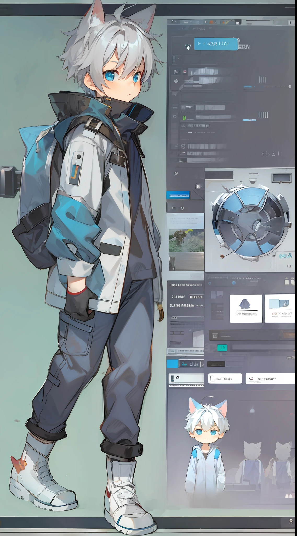 Game CG，8K quality，((younge boy))，Sense of childhood，Anime male protagonist，Cat ears，Silvery-white dye，Blue dye，Cargo coat，Uniform trousers，Heavy machine boots，engineer