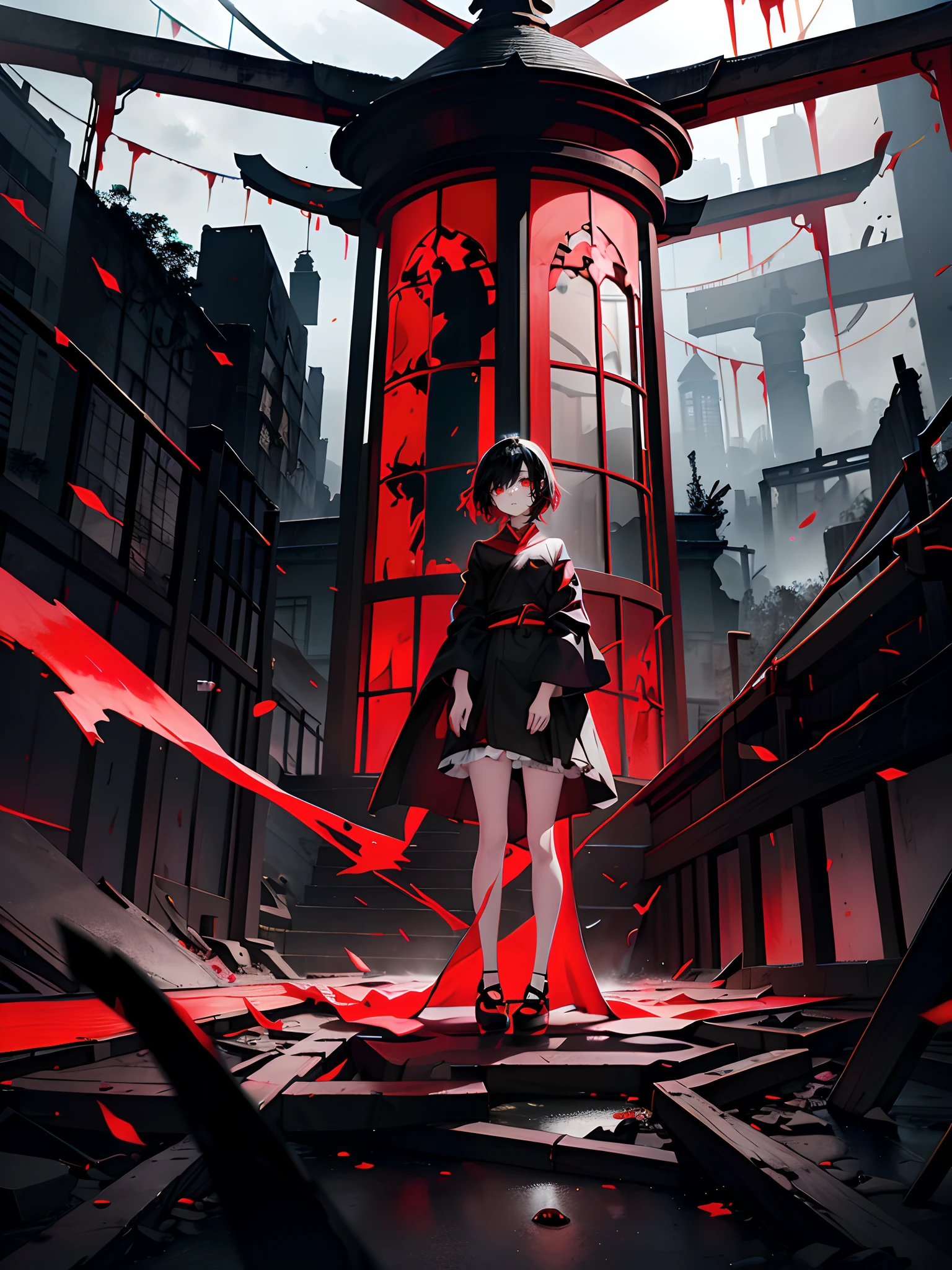People with depression,Oppressive environment,A broken dream world,Lonely crouched on the ground,Crazy expression,Red-black rendering,Pixiv quality work,high qulity,A high resolution,collapse,Red and black robes,There are evil spirits of Japan,Crazy expression,short detailed hair,neuter,Black and red shoes