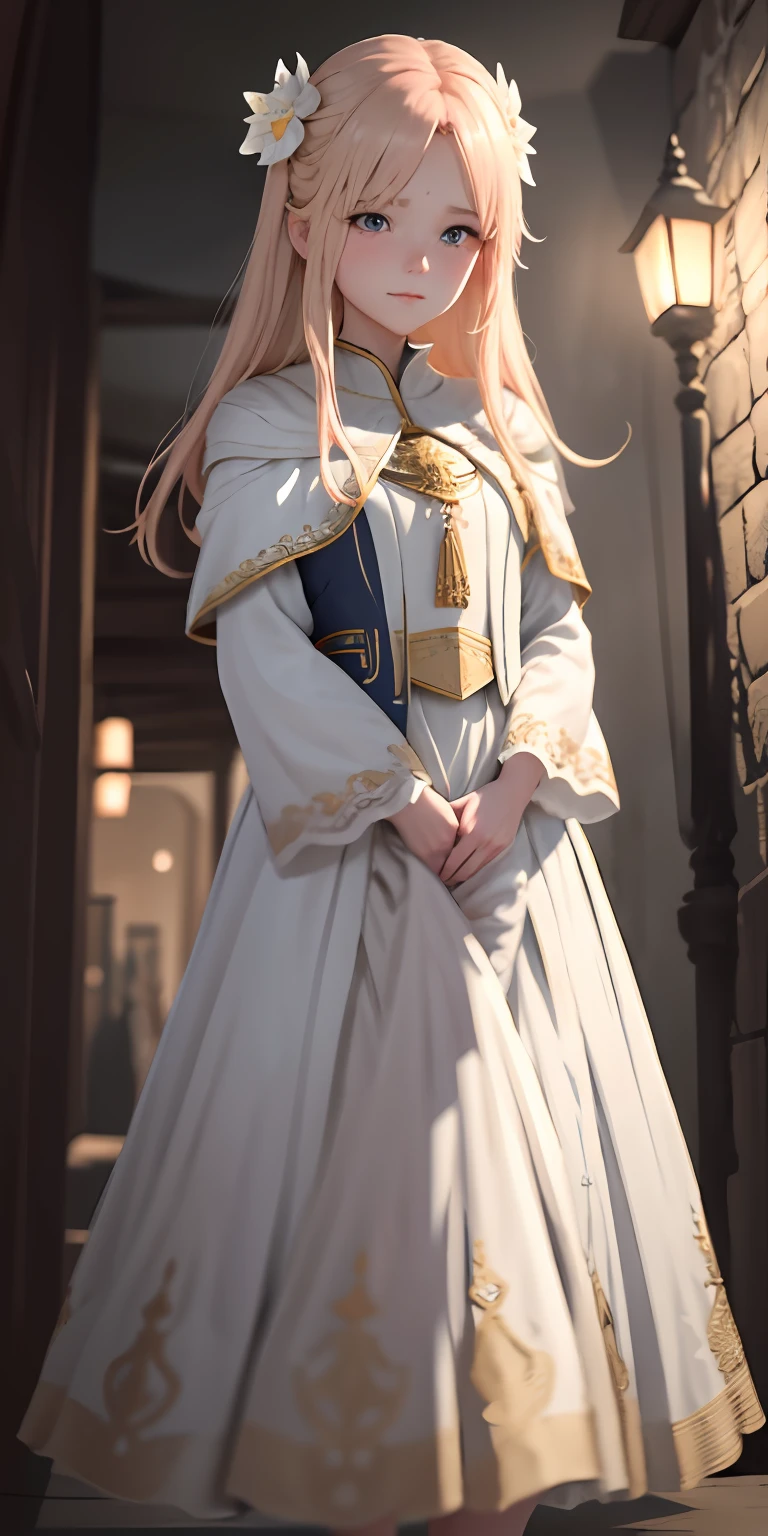 There was a girl in a white and gold dress,Priestess dress,Medieval Street,{best qualtiy},{ {tmasterpiece}},Extremely detailed 8k wallpaper,{An extremely delicate and beautiful},coloured with lots of colour,intricately details,photorealestic,Realiy,Camera quality,(Carefully portray clothes),Cold white skin,(Carefully portray blush),1080p,Soft cute,Silky light blonde hair,Messy beauty,lamplight,Sense of brokenness,The skin is shiny and silky,3D stereoscopic,tmasterpiece,The best quality,The illustrations are super detailed,beautidful eyes,Very delicate light,Fine luminescence,Very detailed 8k CG wallpaper,Peach blossom eyes,An extremely delicate and beautiful girl,8k wallpaper,best qualtiy,close-up all over the body,Luxuriously silky bright red chiffon overshine(illusion,glitters,Ultrathin,softness,)