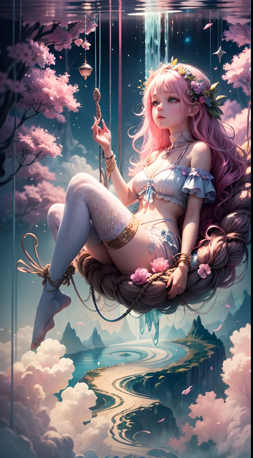 Create a mesmerizing scene where a woman is rests from a rope of ornate, lush, detailed flowers, delicately suspended with ornate ropes of extremely detailed flowers. The woman is in a mythic realm of dreams. Include floating islands and intricate watercolor skies. The woman's face exudes a sense of peace and happiness as she hangs weightlessly in the air. She is dwarfed by her interesting environment. The environment is filled with fluffy clouds, waterfalls cascading from the floating islands, and a vibrant, surreal environment with beautiful shades of pink, purple, and blue. The atmosphere is filled with a sense of wonder and tranquility. ((Include many shades of pink in the artwork's details and background.)) This scene will be depicted in an anime-style illustration, with soft lines, pastel colors, and a whimsical touch. The artwork will capture the ethereal beauty and tranquility of the dreamlike realm, creating a sense of harmony and escape from the ordinary world.