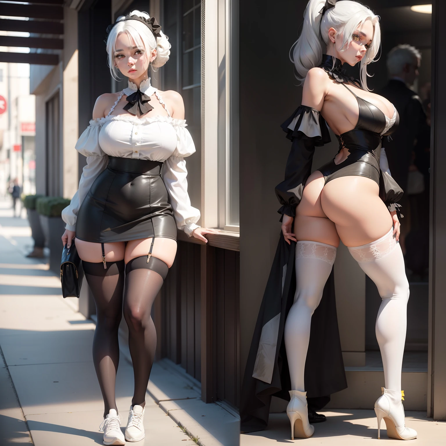 girl, hair over shoulder, white hair, yellow eyes, large breasts, bare_shoulders, black thighhighs, shoes ,