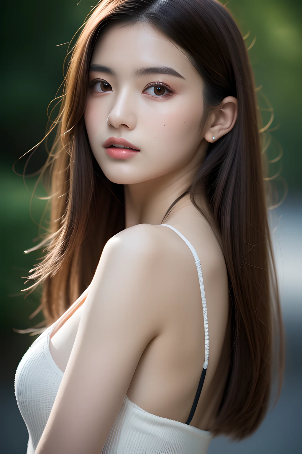 (Best quality, 8k, 32k, Masterpiece, UHD,:1.2), Japanese woman, camisole , ultra-detailed face, detailed eyes, highly detailed lips ,dark brown hair, slender figure, upper body, natural lighting