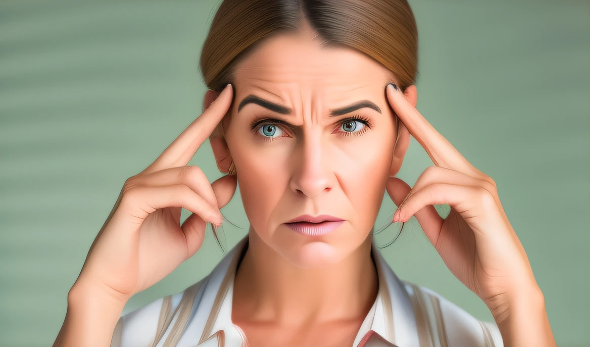 Woman with hands on head and fingers on head, Imagem de Stock, head on hands, Rosto frustrado, zumbido, concentrating, Lutando, mostrando a testa, estressando-se, frustrated expression, foto de retrato, testa alta, left hand propping up the head, foto de retrato em close-up, stressed expression, mulher muito cansada, dramatic thinking pose, Rosto focado
