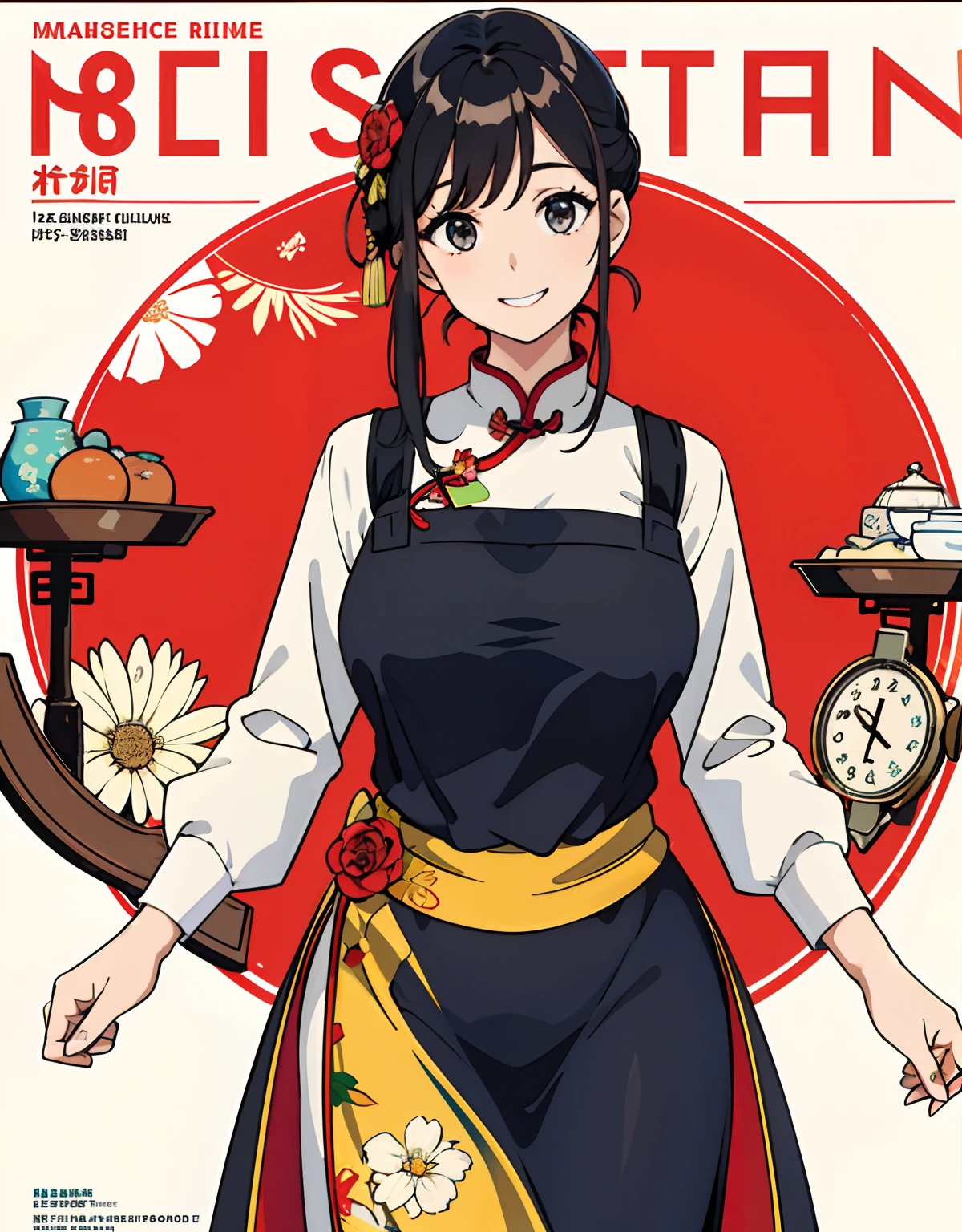 (Best quality, Masterpiece), Women's Culinary Magazine Cover, 1girll, 30 age old, Amazing, adolable, A heartwarming smile, Hourglass figure, Wear floral dresses, aprons, delicacies, charact, schematics, Advertising Chinese,magazine title,Black skin,China Cheongsam,Intellectual big sister,A background endowed with Chinese elements