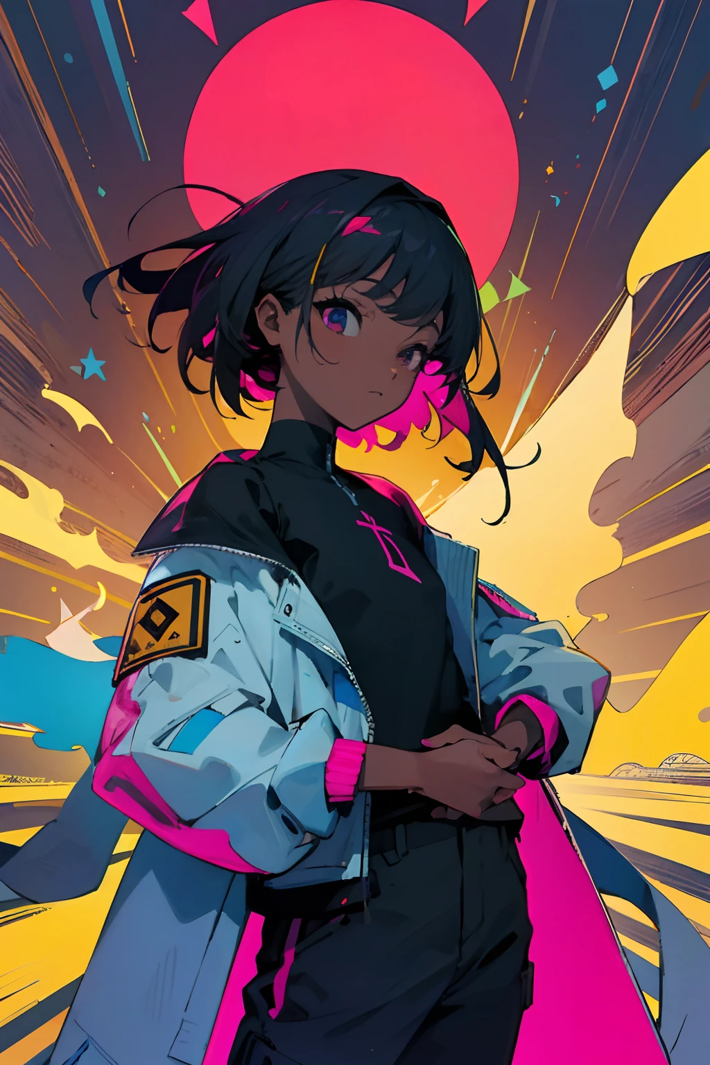 melhor qualidade, papel de parede 4K, obra-prima, extremamente detalhado CG unidade de papel de parede 8k, olhos extremamente detalhados, ultra-detalhado, detalhes intrincados, 1girl, estilo de arte retro, estilo de arte neon_pop, Public, ao ar livre, sinal de estrada, cidade,pele_negra, jaqueta aberta, hands in a pocket,seios grandes,
