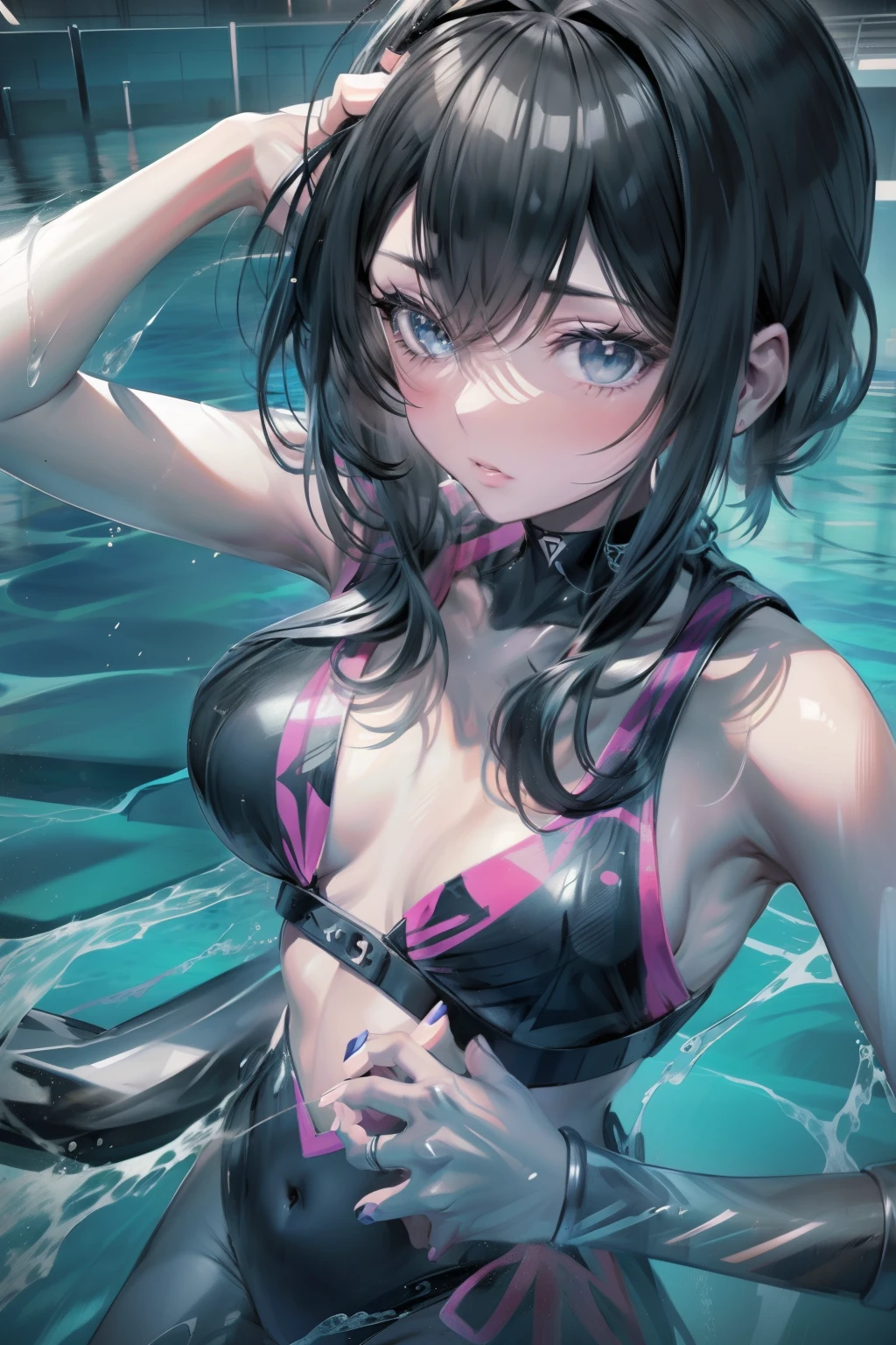 Anime girl black silk in the pool, seductive anime girls, next to a pool, Realistic black silk, photorealistic anime girl rendering, swim wears, in a swimming pool, 3d anime girl, Perfect brunette girl, Cute bikini, in a bathing suit, Beautiful anime girl, Smooth anime CG art, attractive anime girls