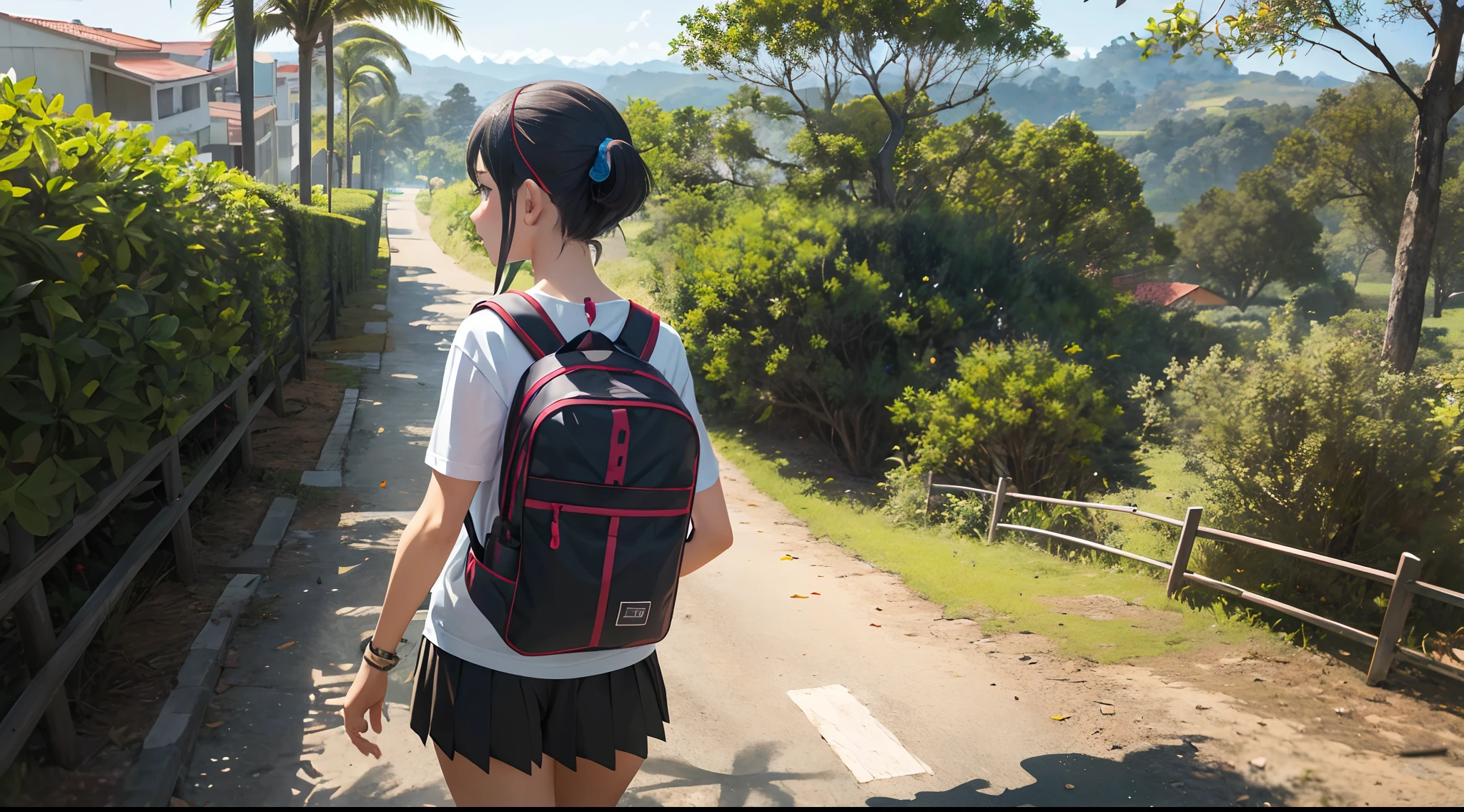 an 18-year-old girl named Anne and a necklace around her neck, sozinha, corpo inteiro, standing on her feet, (((com o rosto apavorado e muito medo e de boca aberta))), Rear and far view of the camera, de costas, andando pela floresta indo para a escola com mochila nas costas e vestindo camiseta e saia, pele branca, olhos pretos, fleshy lips, cabelo preto liso longo, medium and beautiful breasts, bunda bonita, small hands. Absurdo, melhor qualidade, sozinha. The image is about an 18-year-old girl, Rear and far view of the camera,, de costas, andando pela floresta indo para a escola com mochila nas costas, vestindo camiseta e saia.