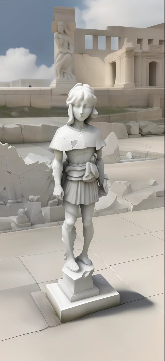 P into gray-white stone statues，There are cracks on the body