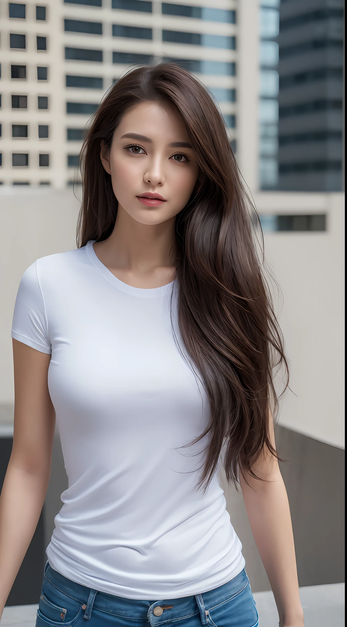 ((midynight, Need, 8K, tmasterpiece)), Whole body curve, Long legs, Close-up photography, perfect figure beautiful woman, Slim abs, long and dark brown hair, Plump breasts, white tight t-shirt, denim pant, Standing posture, Building roof background, Highly detailed facial and skin texture, Detailed eyes and double eyelids。