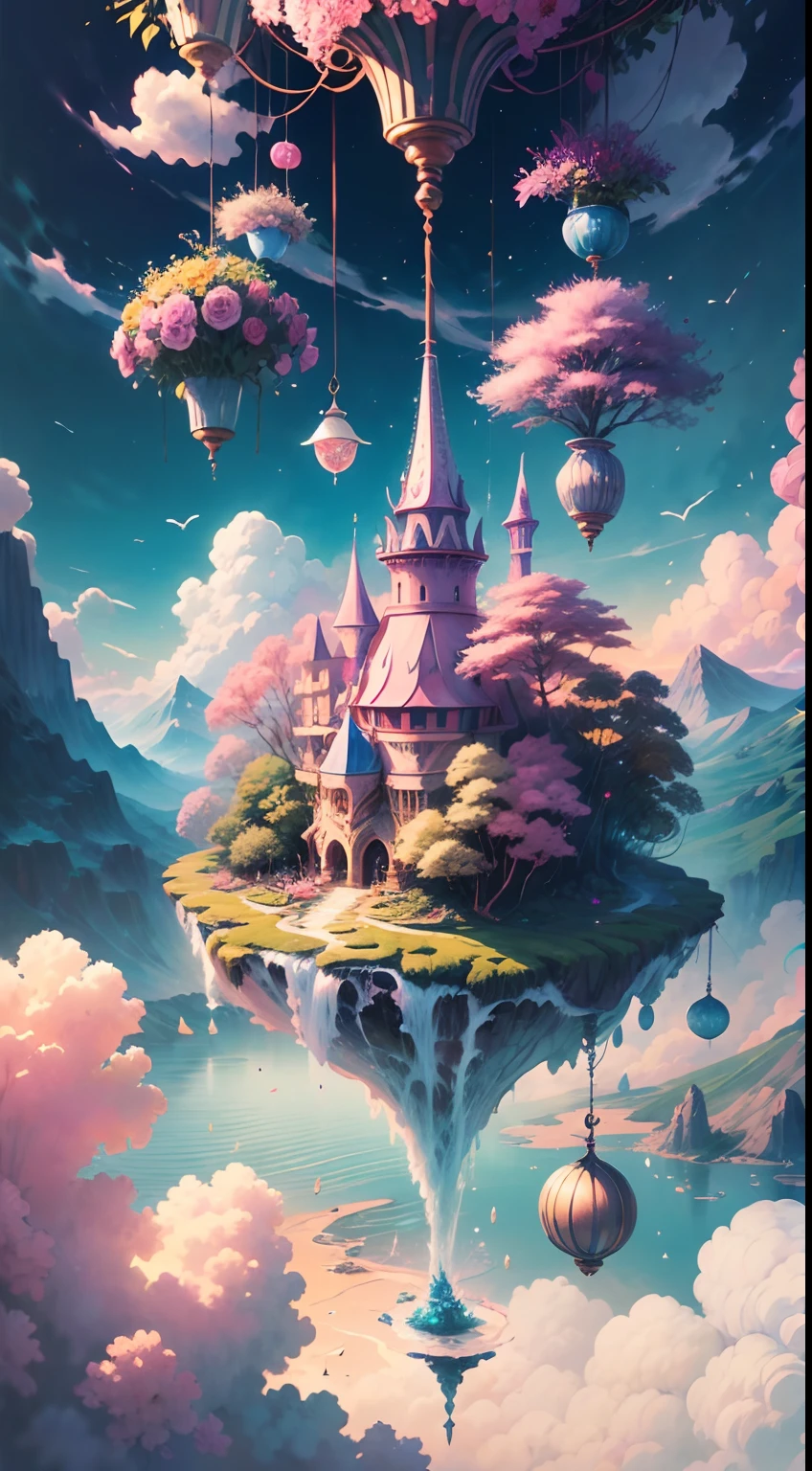 Create a mesmerizing scene where a woman is rests from a rope of ornate, lush, detailed flowers, delicately suspended with ornate ropes of extremely detailed flowers. The woman is in a mythic realm of dreams. Include floating islands and intricate watercolor skies. The woman's face exudes a sense of peace and happiness as she hangs weightlessly in the air. She is dwarfed by her interesting environment. The environment is filled with fluffy clouds, waterfalls cascading from the floating islands, and a vibrant, surreal environment with beautiful shades of pink, purple, and blue. The atmosphere is filled with a sense of wonder and tranquility. ((Include many shades of pink in the artwork's details and background.)) This scene will be depicted in an anime-style illustration, with soft lines, pastel colors, and a whimsical touch. The artwork will capture the ethereal beauty and tranquility of the dreamlike realm, creating a sense of harmony and escape from the ordinary world.
