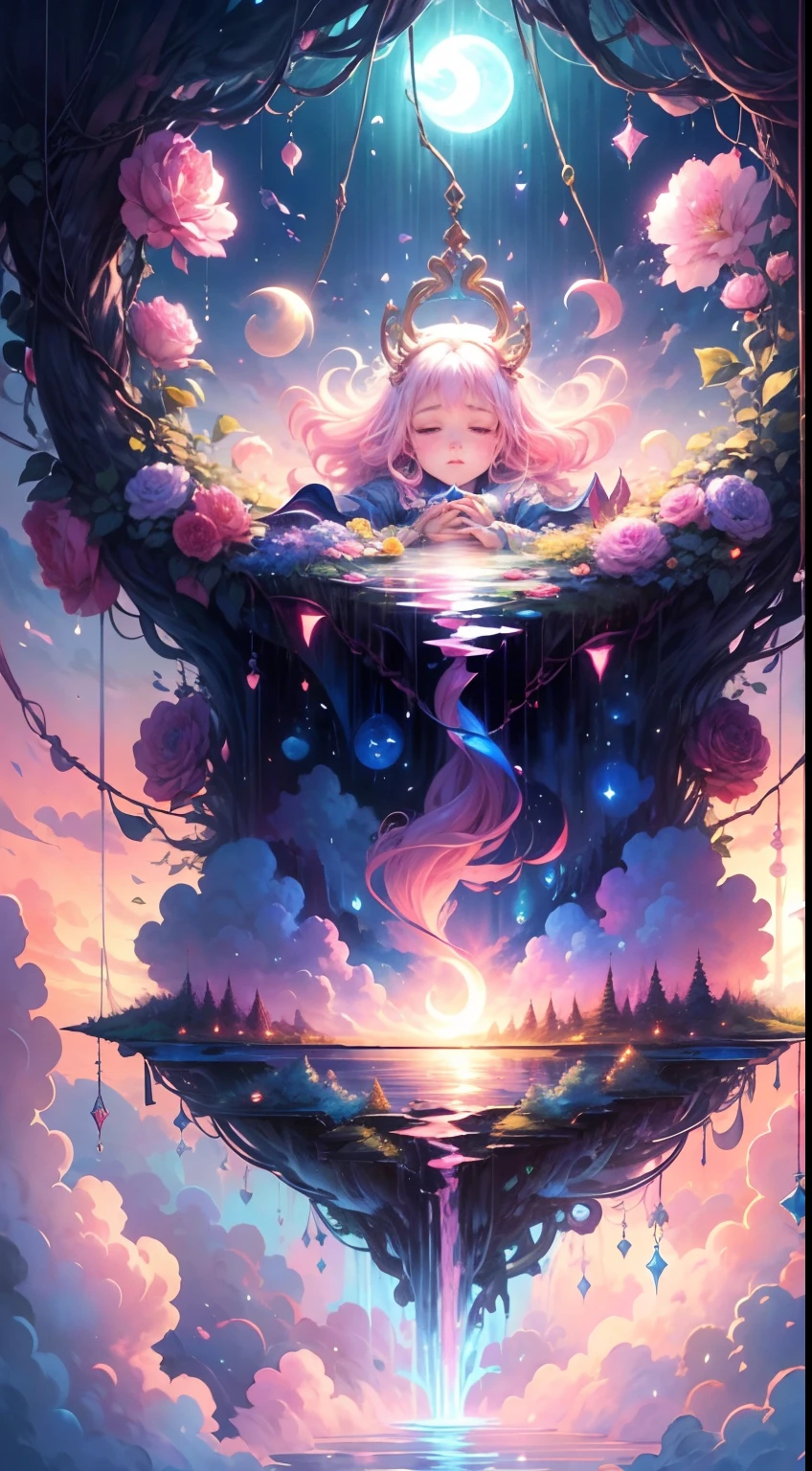 Create a mesmerizing scene where a woman is rests from a rope of ornate, lush, detailed flowers, delicately suspended with ornate ropes of extremely detailed flowers. The woman is in a mythic realm of dreams. Include floating islands and intricate watercolor skies. The woman's face exudes a sense of peace and happiness as she hangs weightlessly in the air. She is dwarfed by her interesting environment. The environment is filled with fluffy clouds, waterfalls cascading from the floating islands, and a vibrant, surreal environment with beautiful shades of pink, purple, and blue. The atmosphere is filled with a sense of wonder and tranquility. ((Include many shades of pink in the artwork's details and background.)) This scene will be depicted in an anime-style illustration, with soft lines, pastel colors, and a whimsical touch. The artwork will capture the ethereal beauty and tranquility of the dreamlike realm, creating a sense of harmony and escape from the ordinary world.