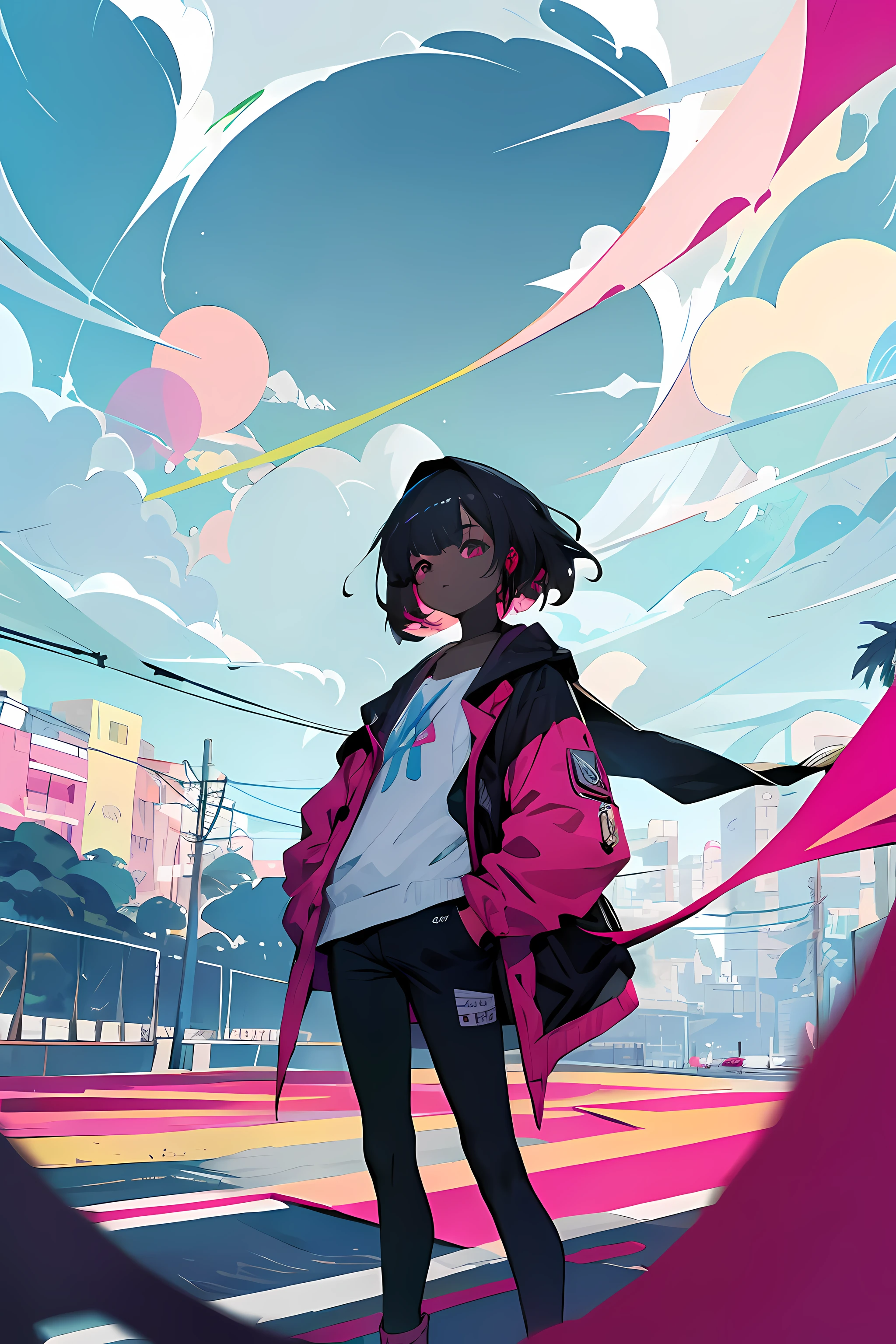 melhor qualidade, papel de parede 4K, obra-prima, extremamente detalhado CG unidade de papel de parede 8k, olhos extremamente detalhados, ultra-detalhado, detalhes intrincados, 1girl, estilo de arte retro, estilo de arte neon_pop, Public, ao ar livre, sinal de estrada, cidade,pele_negra, jaqueta aberta, hands in a pocket,seios grandes,