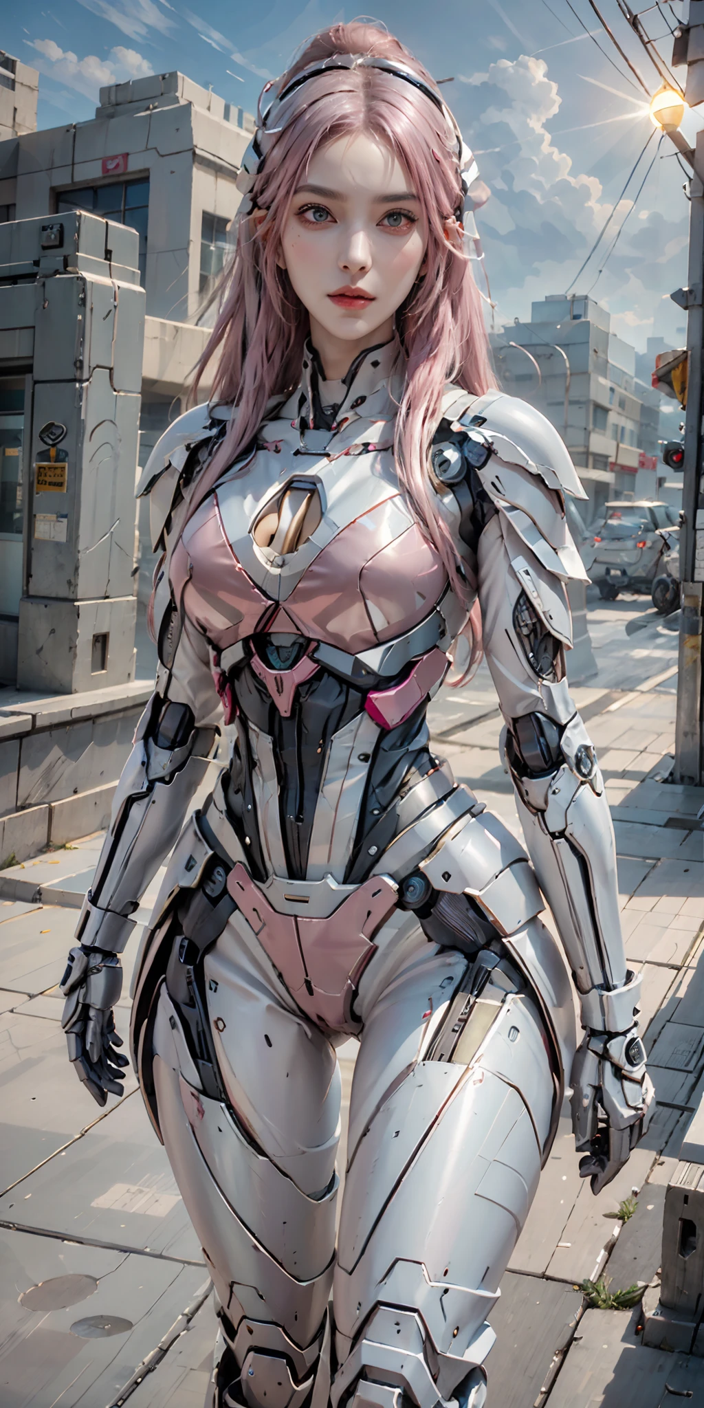 photorealistic, high resolution, soft light,1women, solo, hips up, (detailed face), pink hair, long hair, mecha musume, mechanical parts, robot joints, single mechanical arm, headgear, mechanical halo, star halo, electric mechanical bodysuit, mecha corset, kimono, full armor, city at night