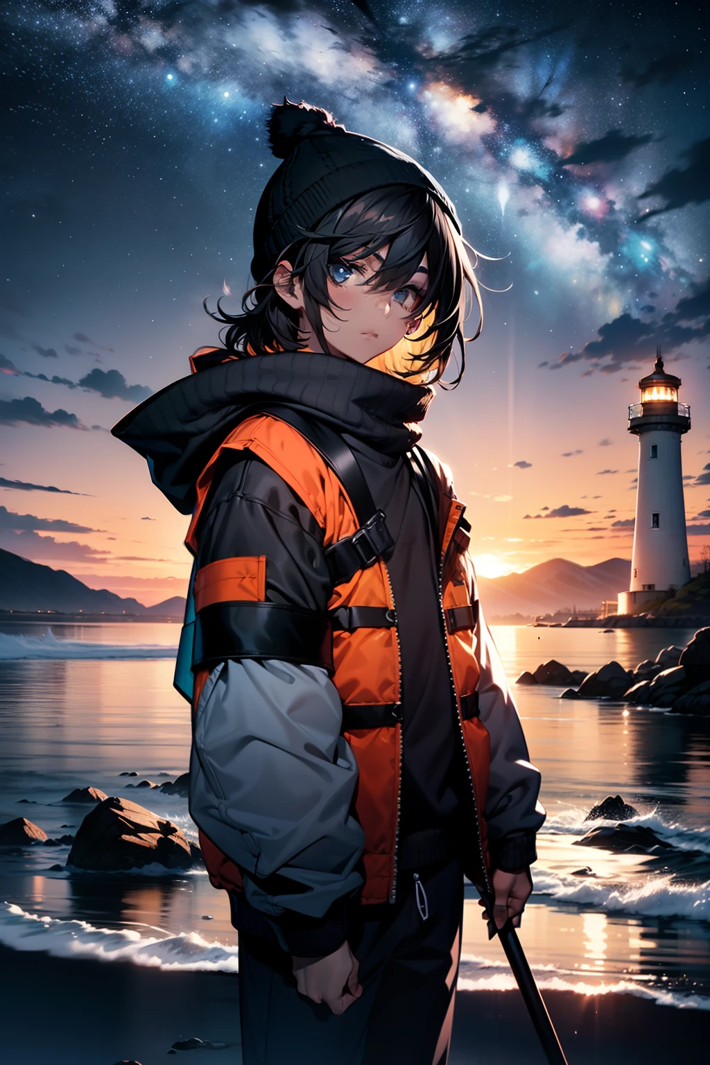 (Articulate unique characteristics vividly) A young boy with a tousled mop of black hair, donning a vibrant gray bonnet, is dressed in a cozy gray sweater. and wearing one orange life jacket, He stands on a remote island illuminated by a distant lighthouse, as the cold night air wraps around him. A mesmerizing starry sky fills the backdrop, creating a breathtaking vista. The scene is captured in stunning 4k resolution.