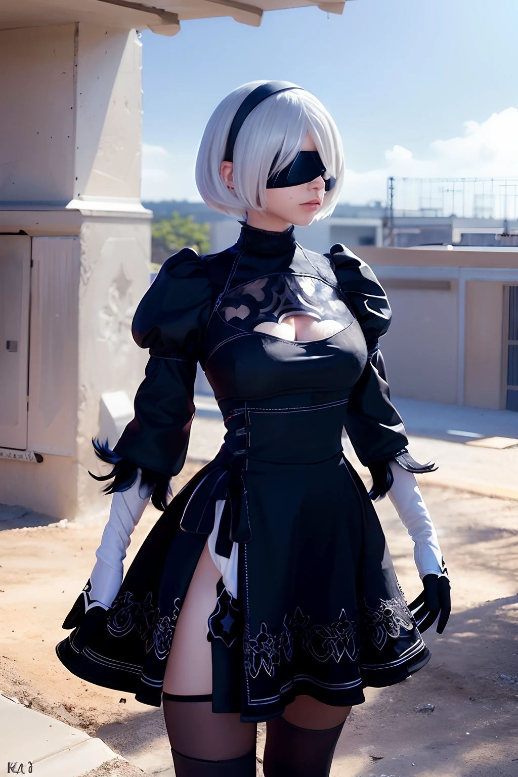 (8K, RAW photo, best quality, masterpiece:1.2), (realistic, photo-realistic:1.37), ultra-detailed, ultra high res, masterpiece, best quality, 1girl,cowboy shot, street, yorha2b,detailed background, 2bcosplay,2b,black dress,standing, from front,large breasts,tall girl, eyeshade