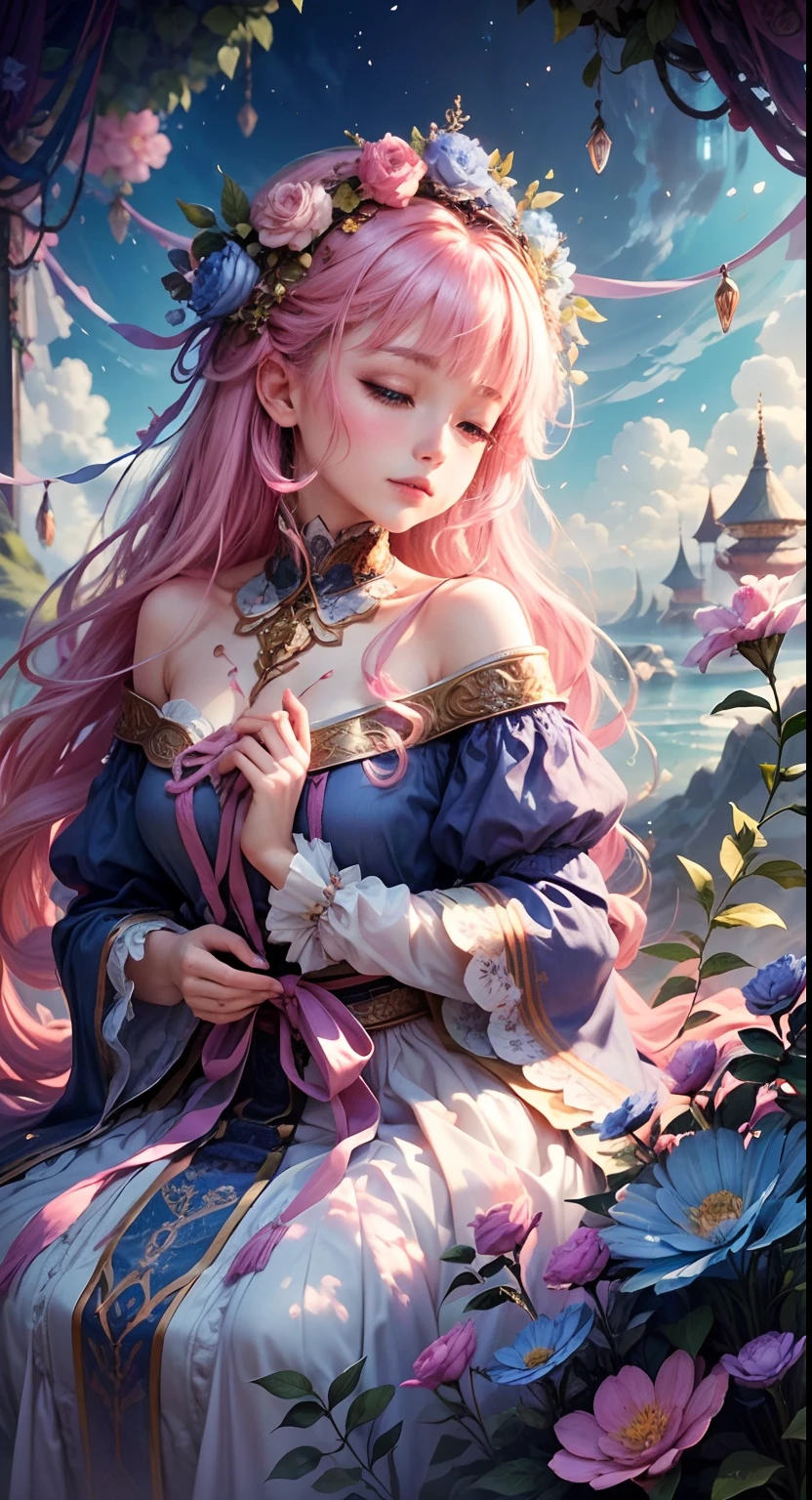 Create a mesmerizing scene where a woman is rests from a rope of ornate, lush, detailed flowers, delicately suspended with ornate ropes of extremely detailed flowers. The woman is in a mythic realm of dreams. Include floating islands and intricate watercolor skies. The woman's face exudes a sense of peace and happiness as she hangs weightlessly in the air. She is dwarfed by her interesting environment. (((The woman's face is beautifully detailed with clearly defined features.))) The environment is filled with fluffy clouds, waterfalls cascading from the floating islands, and a vibrant, surreal environment with beautiful shades of pink, purple, and blue. The atmosphere is filled with a sense of wonder and tranquility. ((Include many shades of pink in the artwork's details and background.)) This scene will be depicted in an anime-style illustration, with soft lines, pastel colors, and a whimsical touch. The artwork will capture the ethereal beauty and tranquility of the dreamlike realm, creating a sense of harmony and escape from the ordinary world.