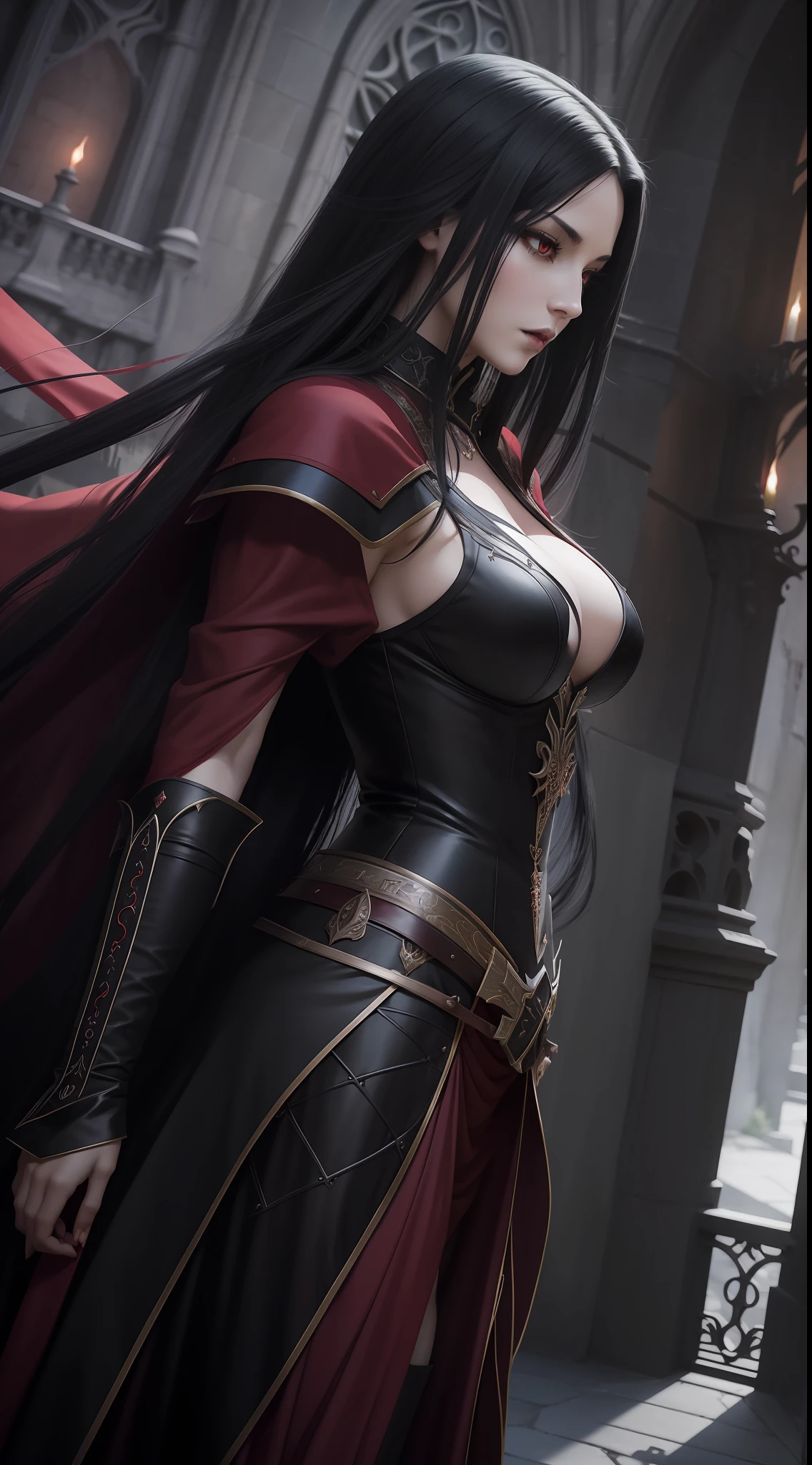 Beautiful ephemeral adult woman with long black hair and red eyes standing in front of castle, Bewitching white armor, Standard Body, Gothic Otome Anime Woman, beautiful vampire queen, dark fantasy style art, beautiful vampire female queen, 8 K, Vampire Queen, female vampire, female vampire warrior, beautiful alluring anime woman, dark fantasy style, anime fantasy artwork