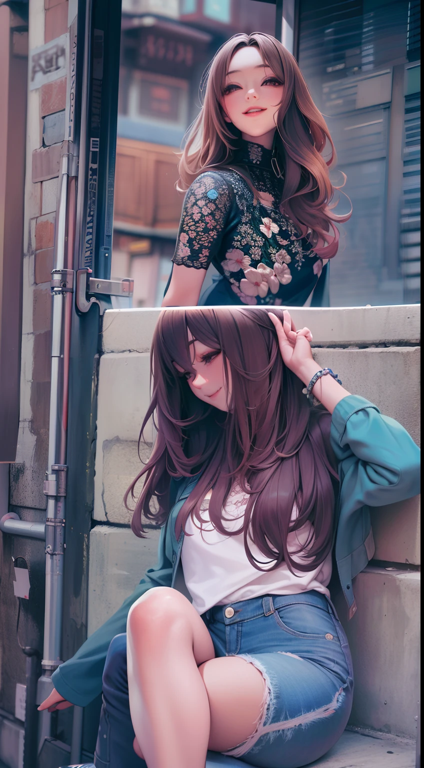 Highest HD picture quality,tmasterpiece,hyper realisitc,Authentic texture,A nice and cute sunny girl,With a smile,denim short,exquisite features,Long hair fluttering type,ultra cool,Street photography,Change posture