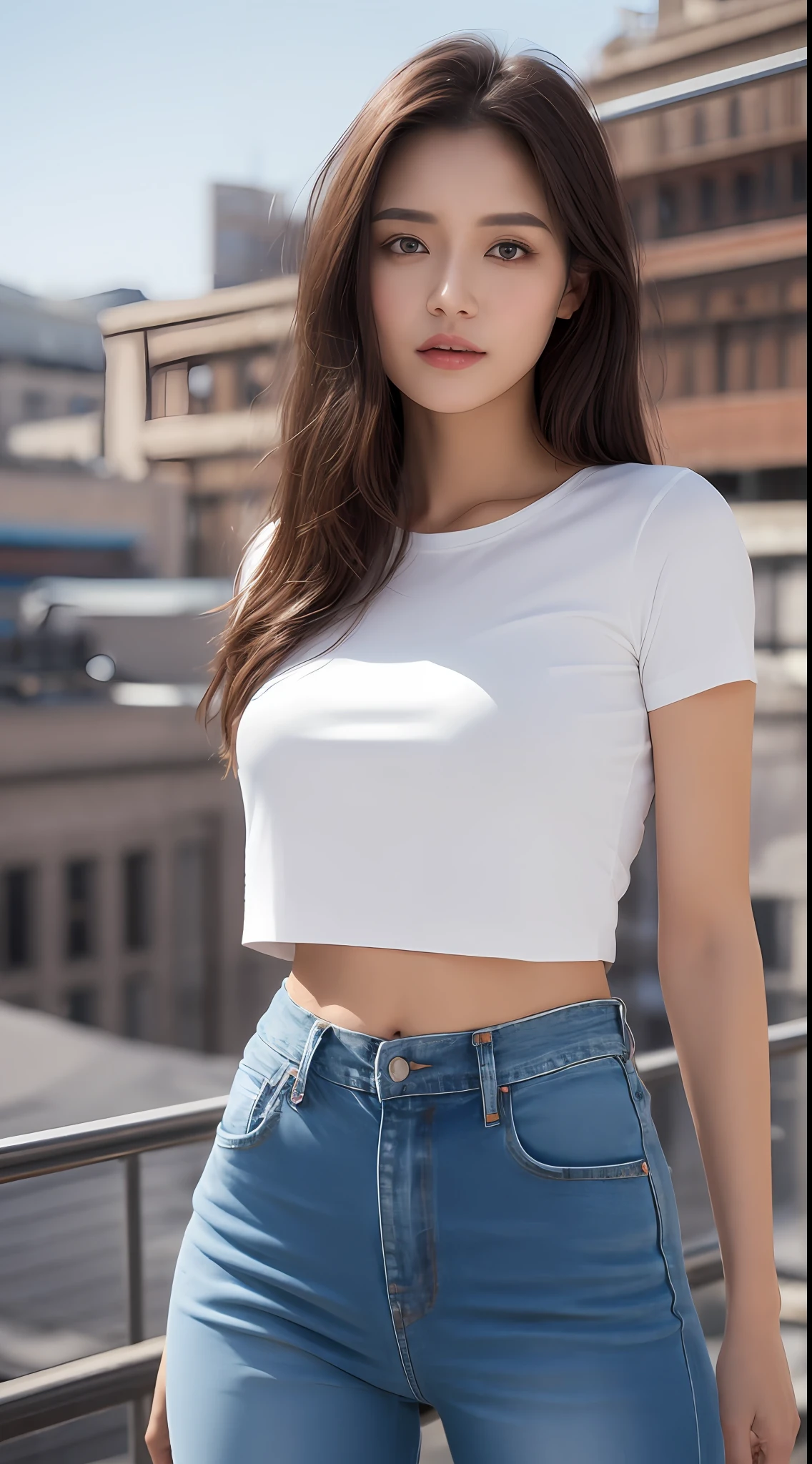 ((midynight, Need, 8K, tmasterpiece)), Whole body curve, Long legs, Close-up photography, perfect figure beautiful woman, Slim abs, long and dark brown hair, Plump breasts, white tight t-shirt, denim pant, Standing posture, Building roof background, Highly detailed facial and skin texture, Detailed eyes and double eyelids。