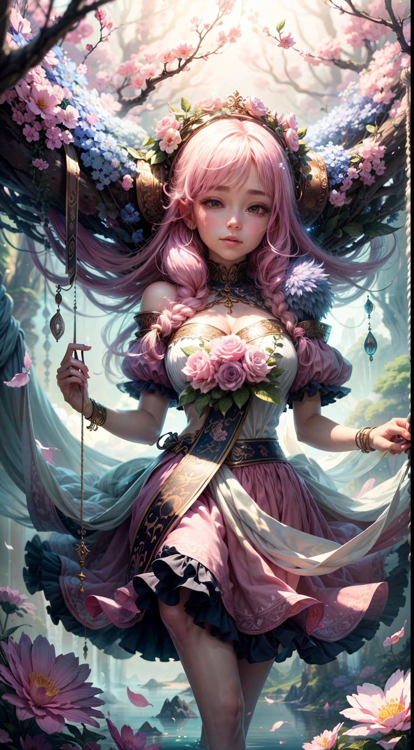Create a mesmerizing scene where a woman is rests from a rope of ornate, lush, detailed flowers, delicately suspended with ornate ropes of extremely detailed flowers. The woman is in a mythic realm of dreams. Include floating islands and intricate watercolor skies. The woman's face exudes a sense of peace and happiness as she hangs weightlessly in the air. She is dwarfed by her interesting environment. The environment is filled with fluffy clouds, waterfalls cascading from the floating islands, and a vibrant, surreal environment with beautiful shades of pink, purple, and blue. The atmosphere is filled with a sense of wonder and tranquility. ((Include many shades of pink in the artwork's details and background.)) This scene will be depicted in an anime-style illustration, with soft lines, pastel colors, and a whimsical touch. The artwork will capture the ethereal beauty and tranquility of the dreamlike realm, creating a sense of harmony and escape from the ordinary world.