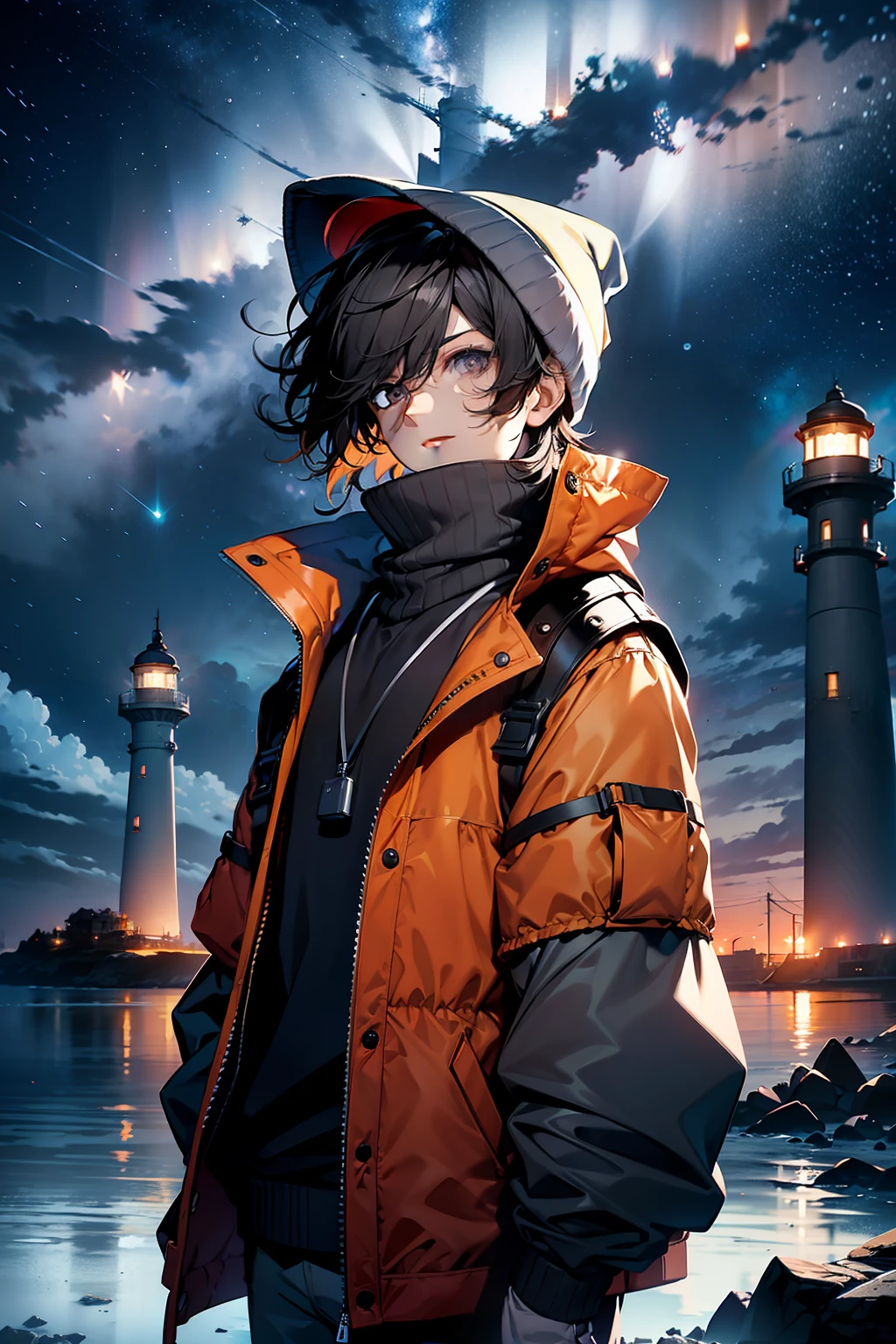 (Articulate unique characteristics vividly) A young boy with a tousled mop of black hair, donning a vibrant gray bonnet, is dressed in a cozy gray sweater. and wearing one orange life jacket, He stands on a remote island illuminated by a distant lighthouse, as the cold night air wraps around him. A mesmerizing starry sky fills the backdrop, creating a breathtaking vista. The scene is captured in stunning 4k resolution.